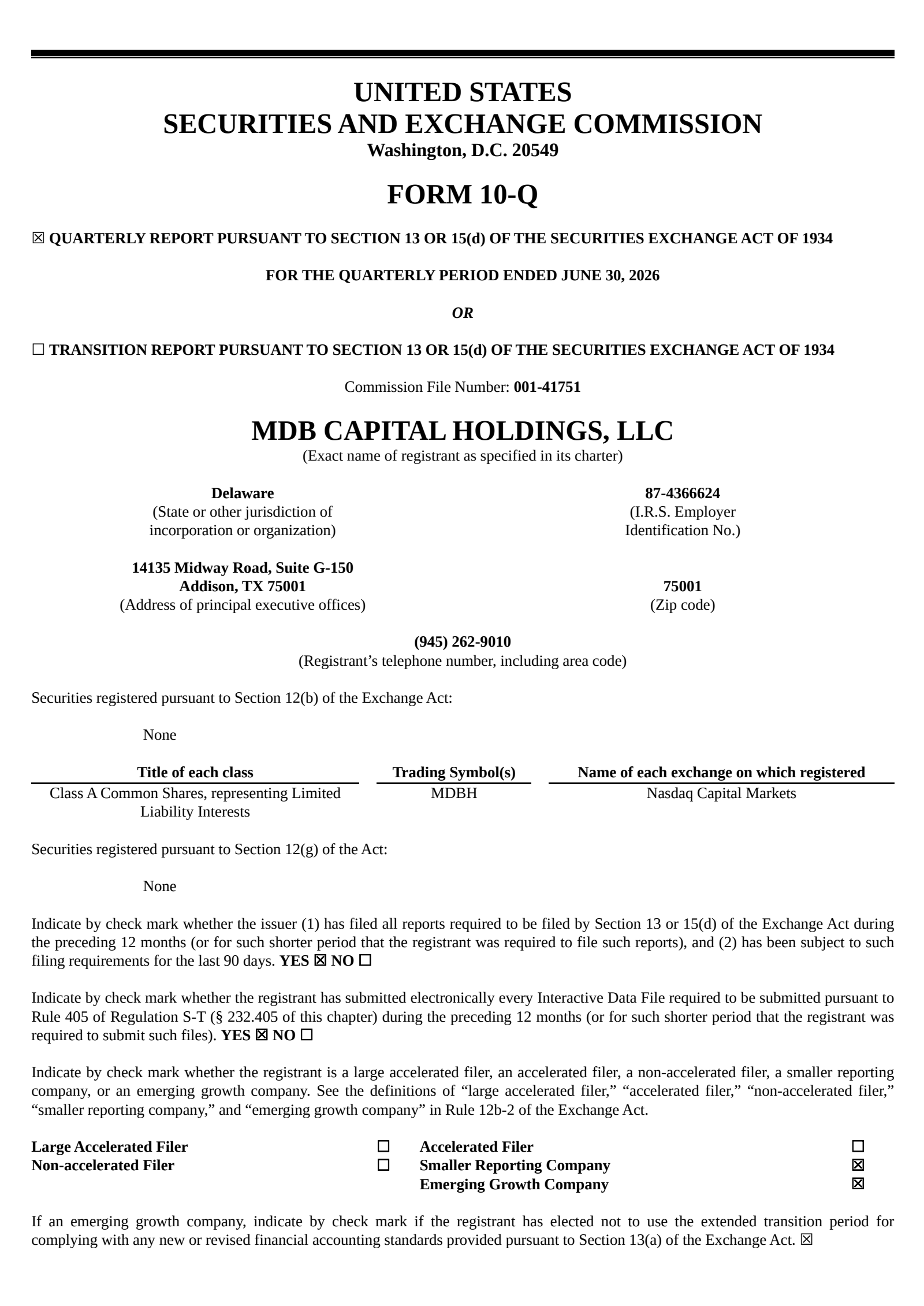 MDB Capital's Q2 2026 Quarterly report