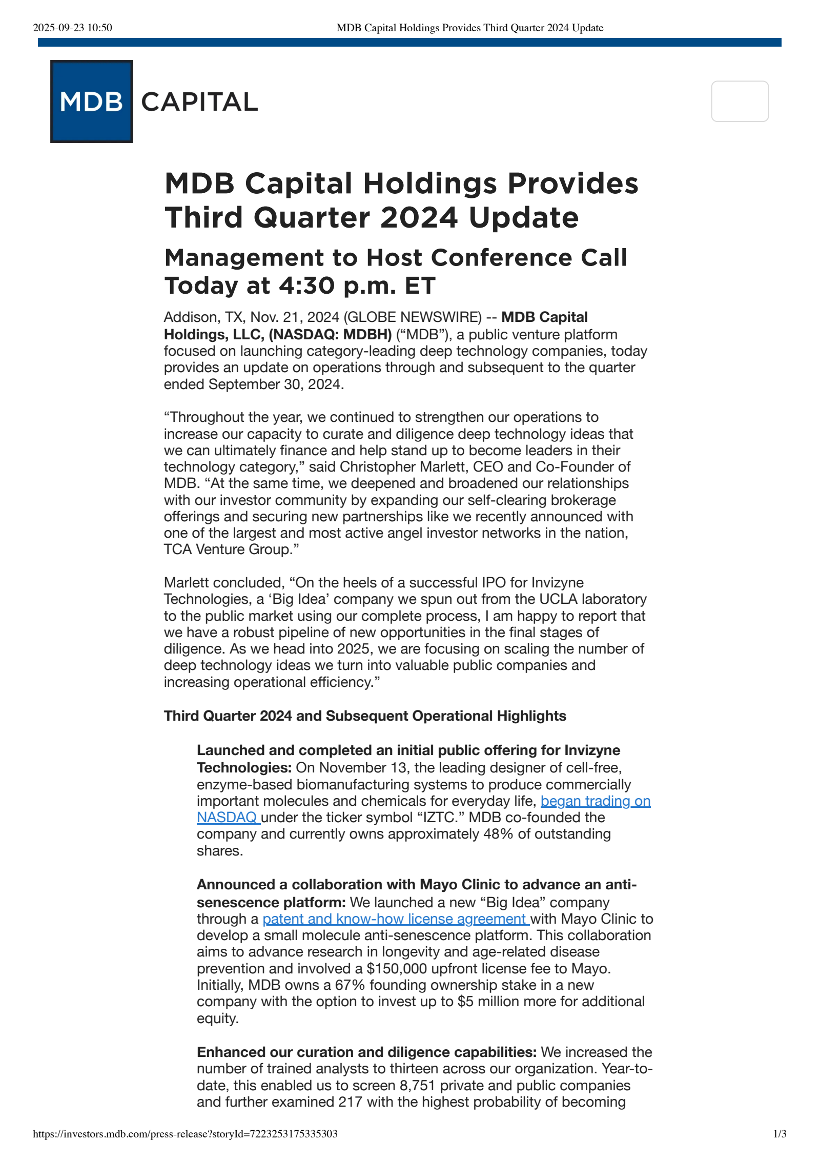 MDB Capital's Q3 2024 Earnings Release