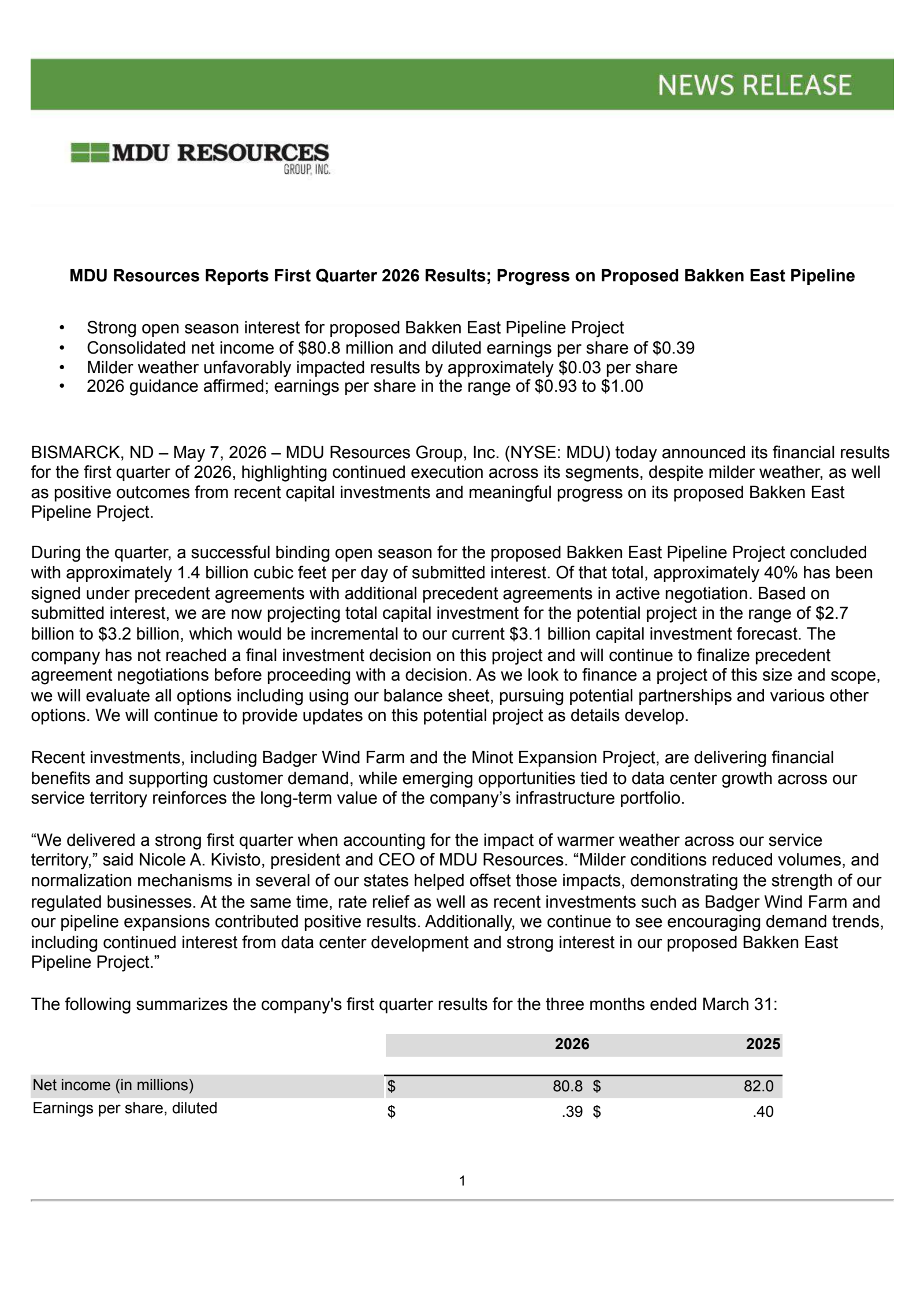 MDU Resources Group's Q1 2026 Press Release