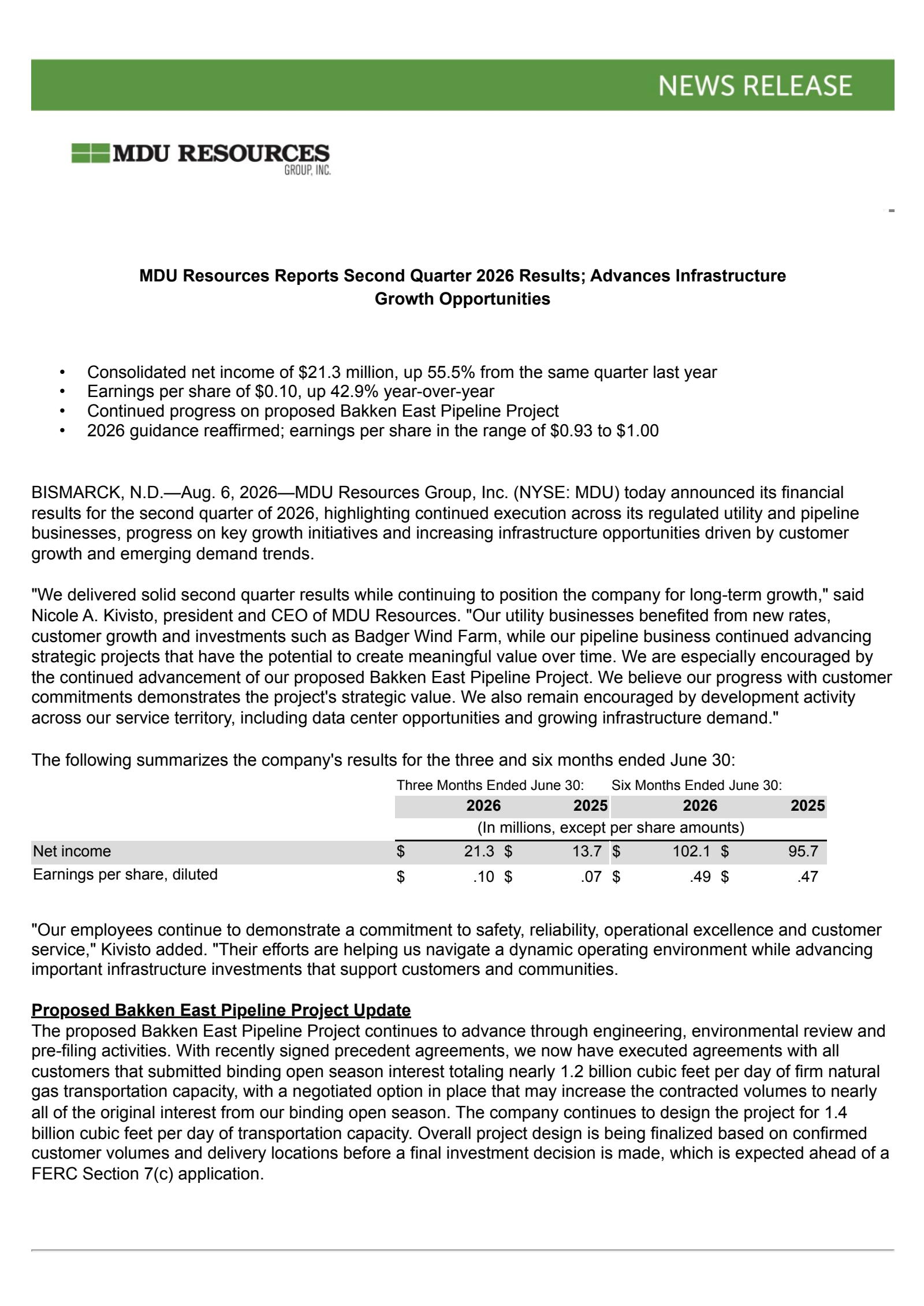 MDU Resources Group's Q2 2026 Press Release