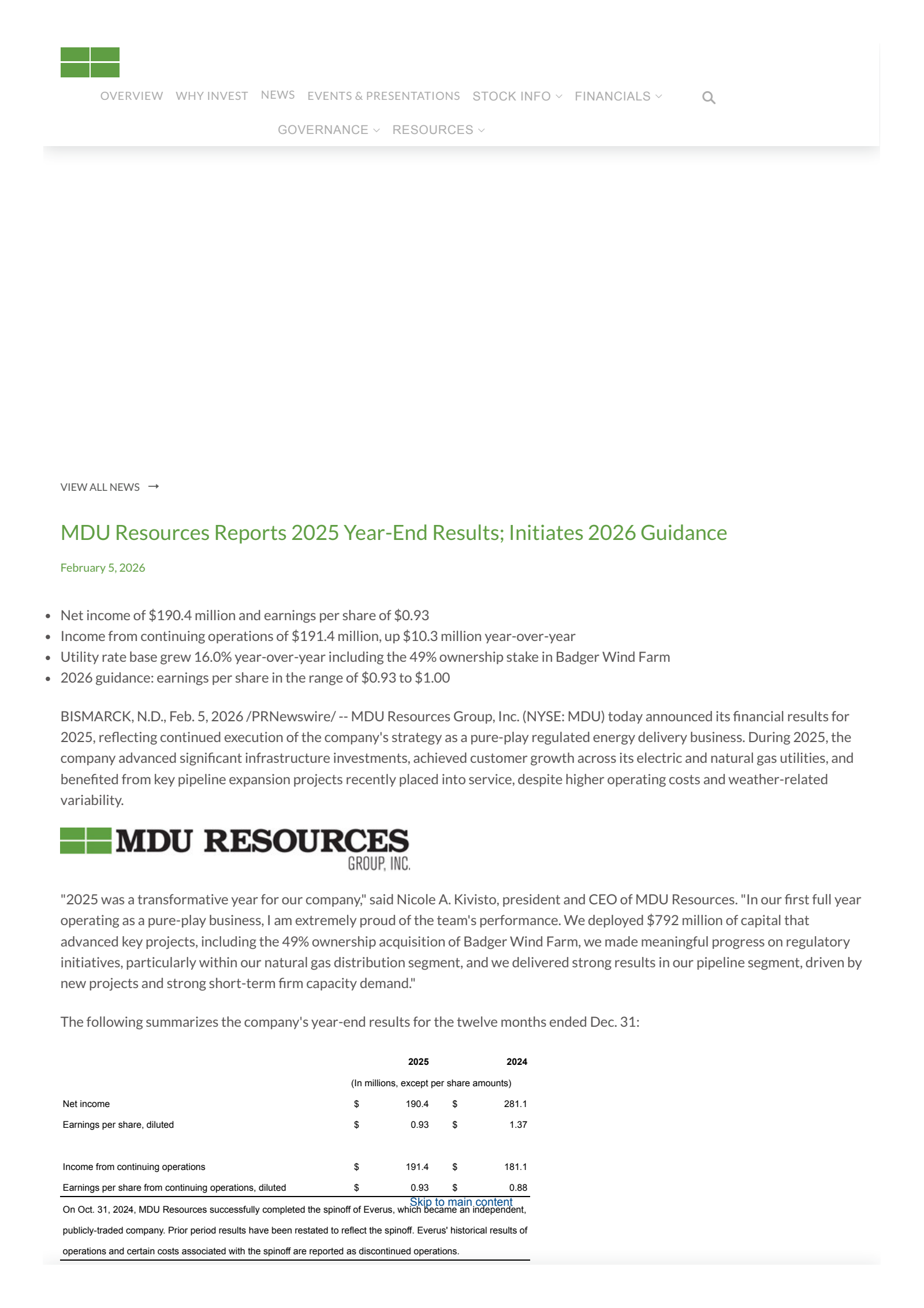MDU Resources Group's Q4 2025 Press Release