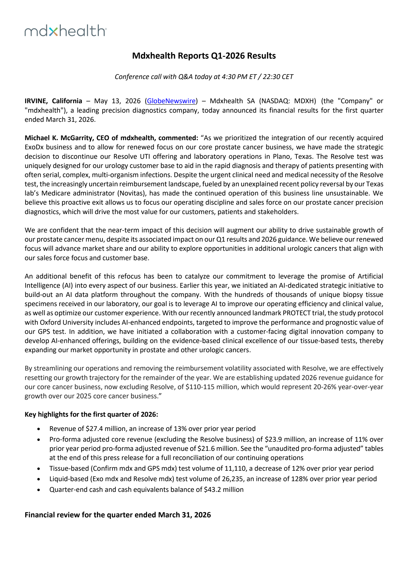 MDxHealth's Q1 2026 Press Release