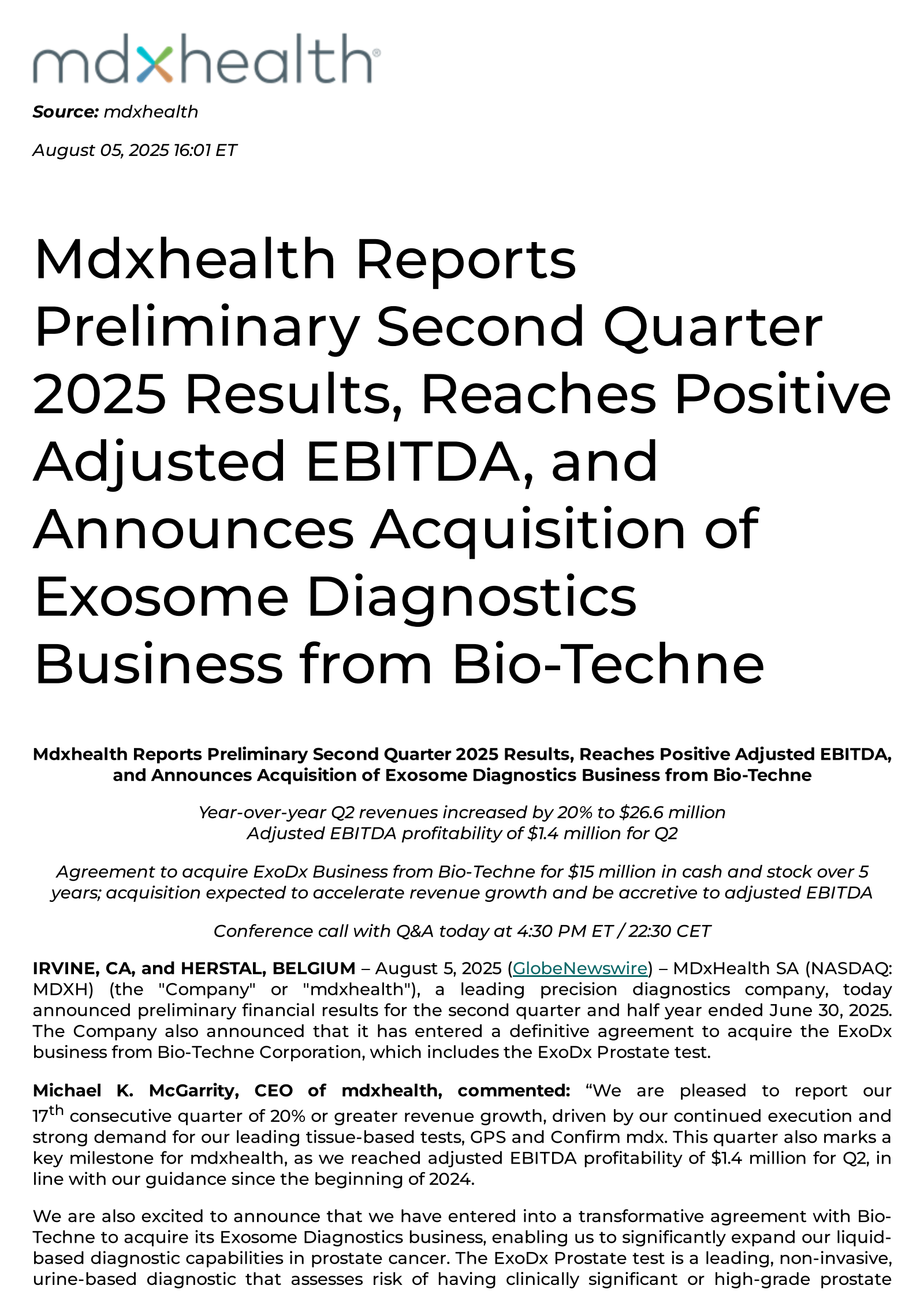 MDxHealth's Q2 2025 Press Release