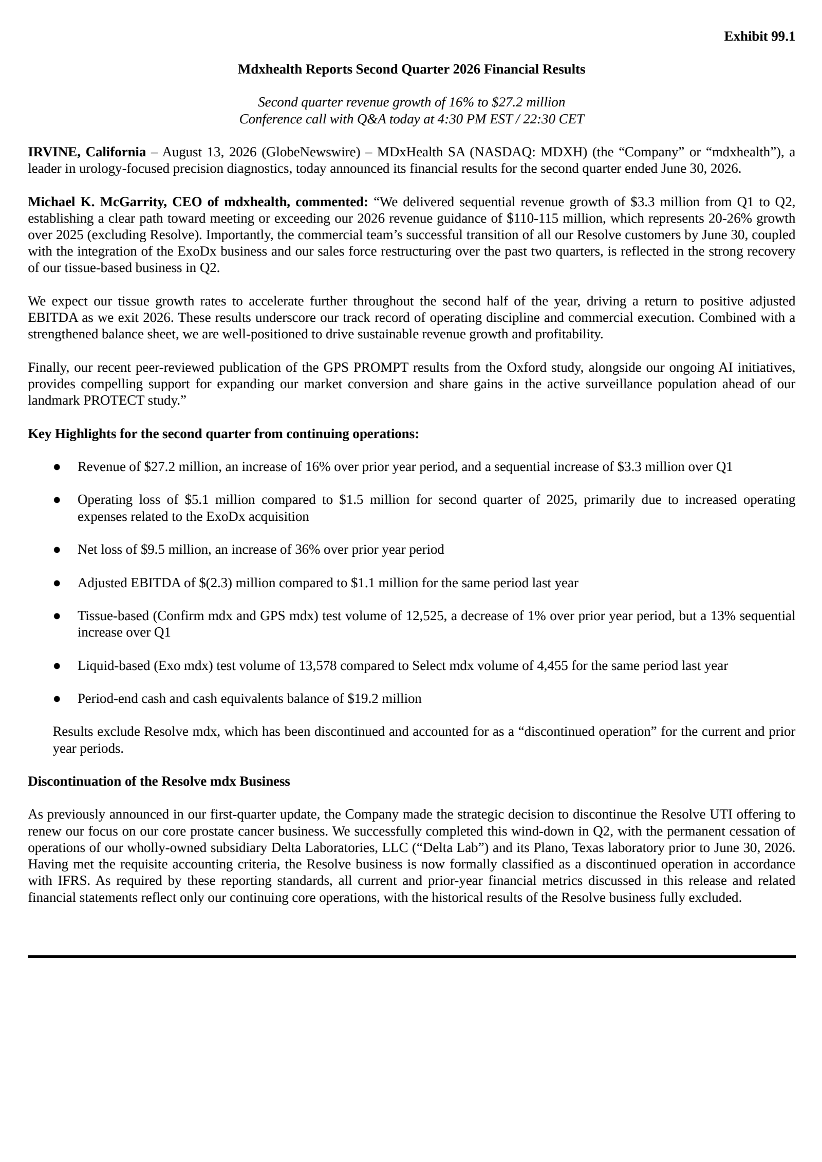 MDxHealth's Q2 2026 Press Release