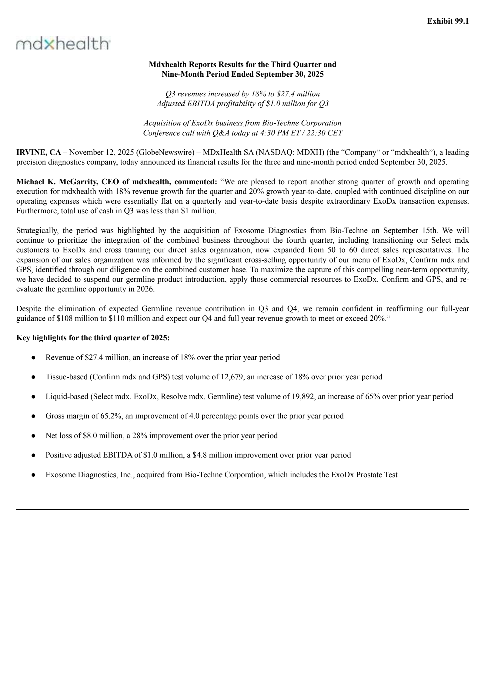 MDxHealth's Q3 2025 Earnings Release