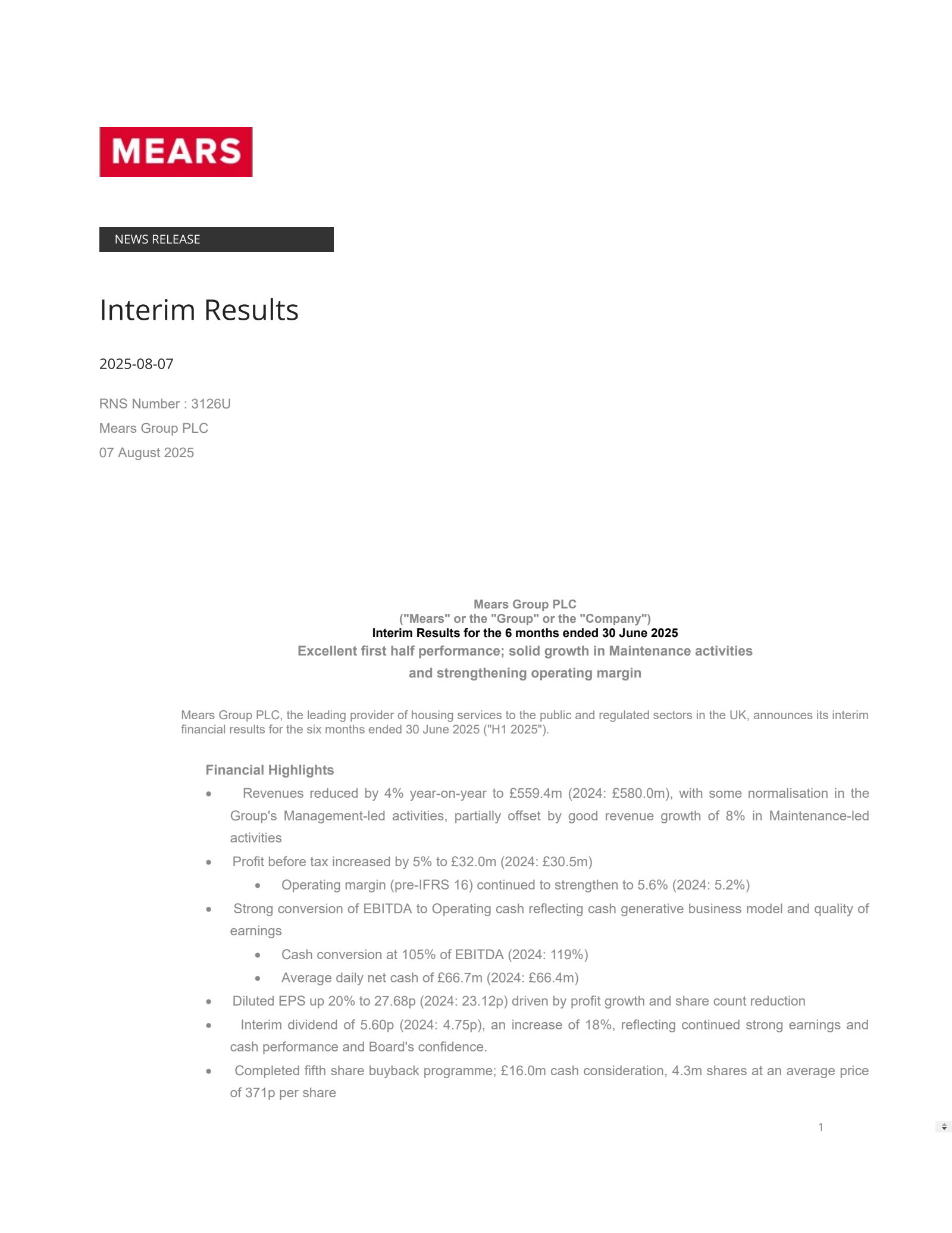 Mears Group's H1 2025 Interim report