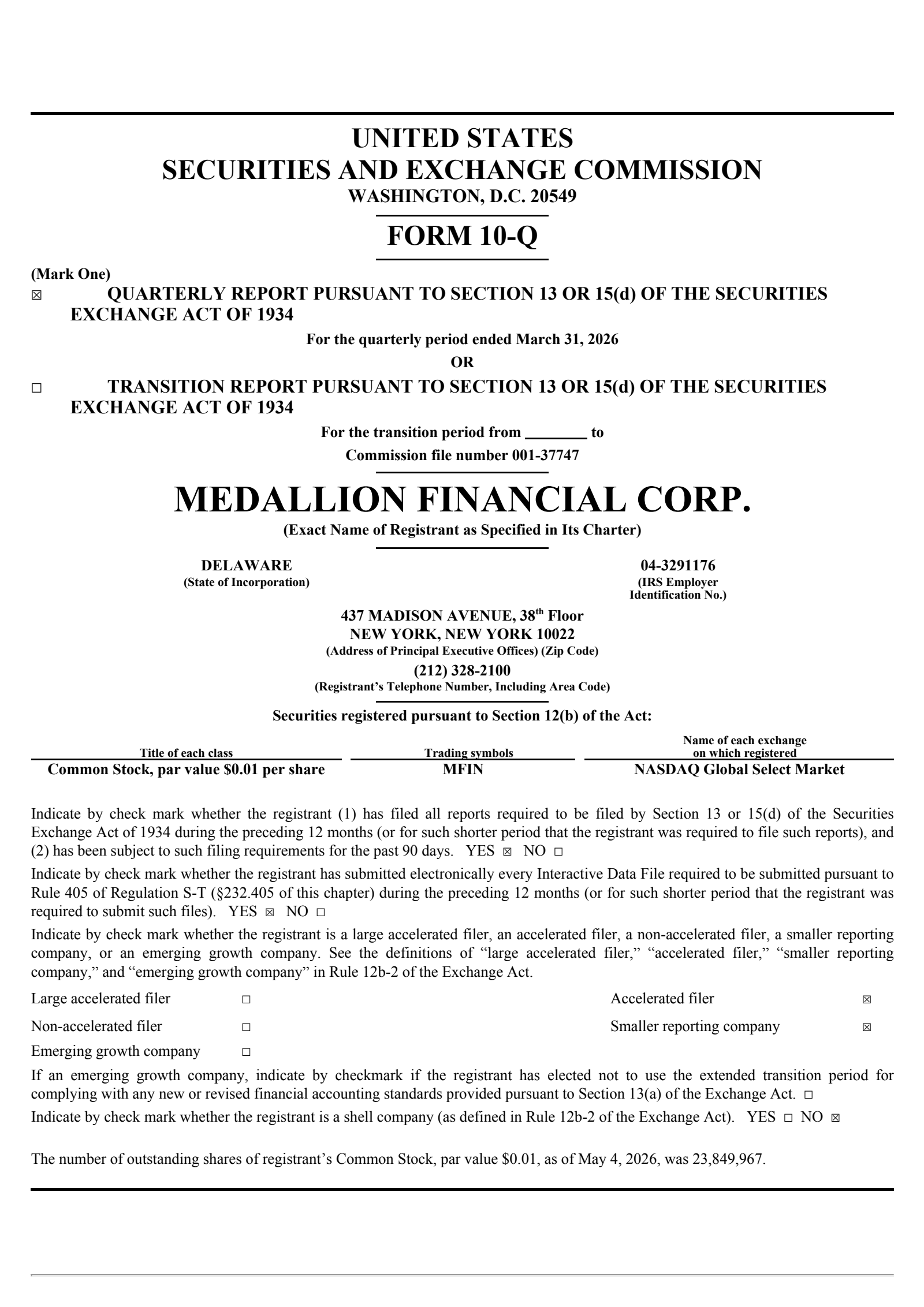Medallion Financial's Q1 2026 Quarterly report