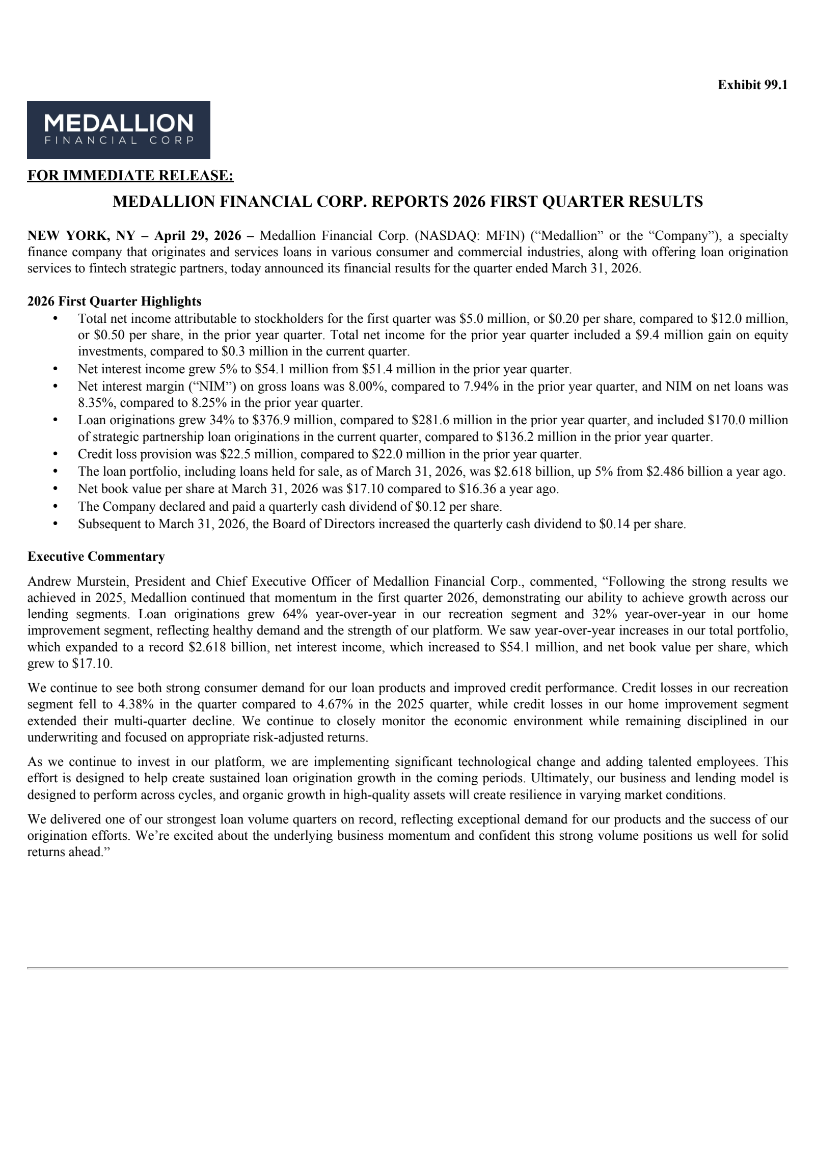Medallion Financial's Q1 2026 Press Release
