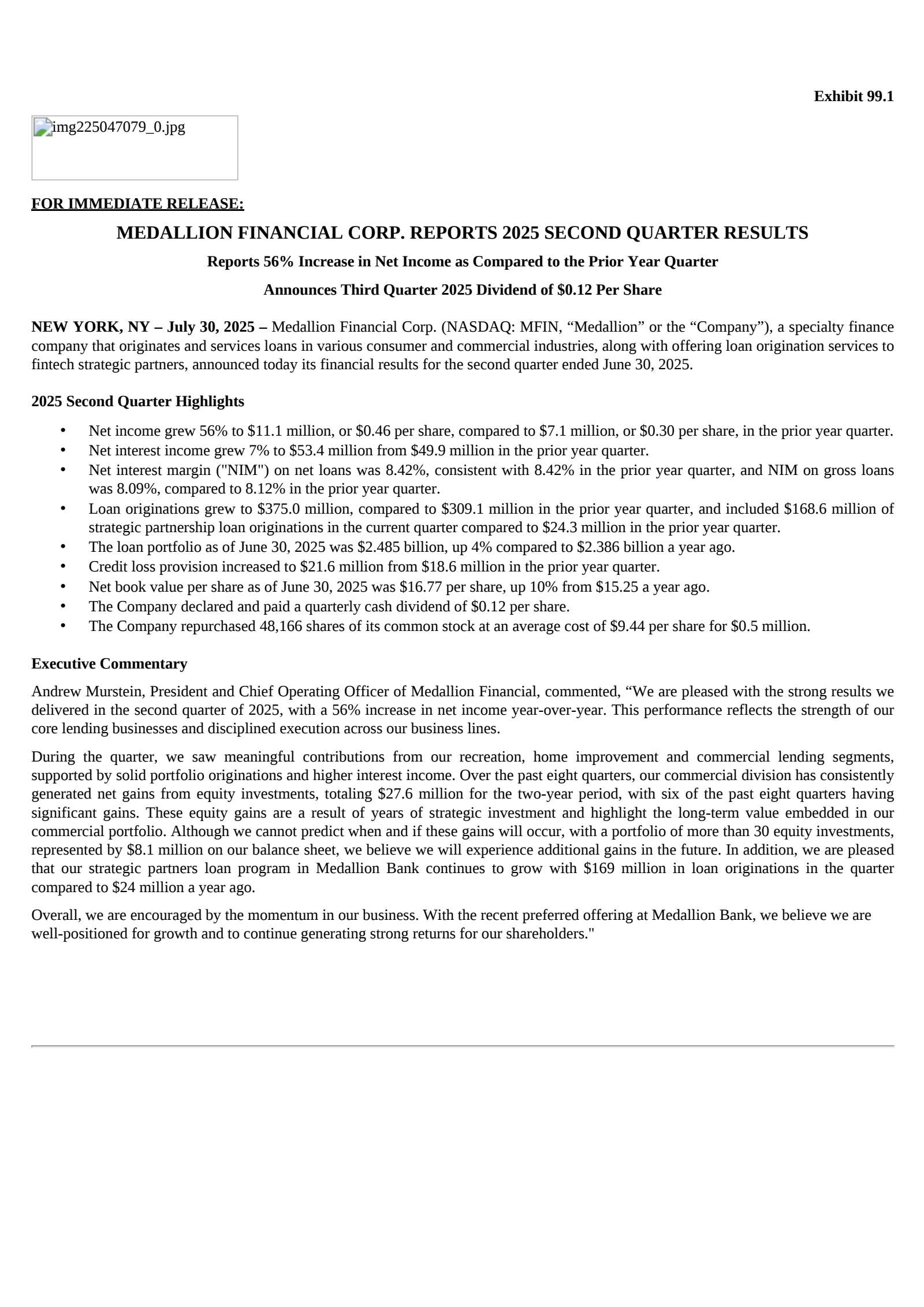Medallion Financial's Q2 2025 Press Release