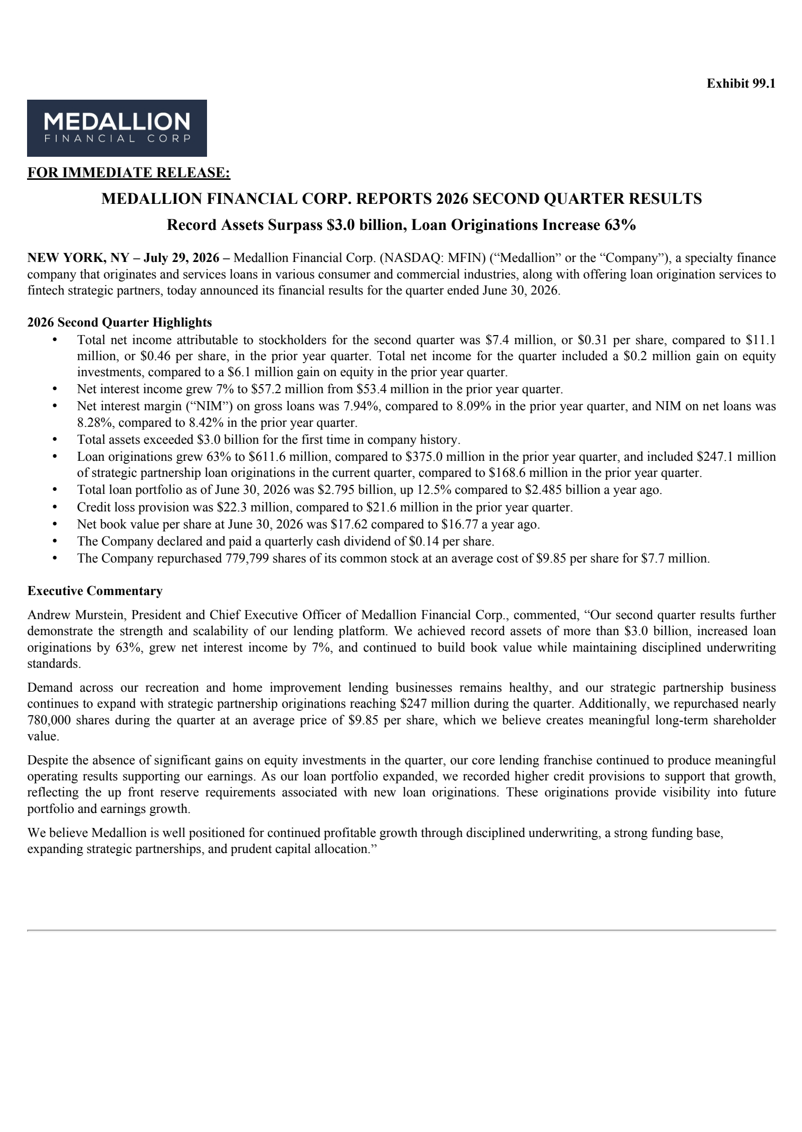 Medallion Financial's Q2 2026 Press Release