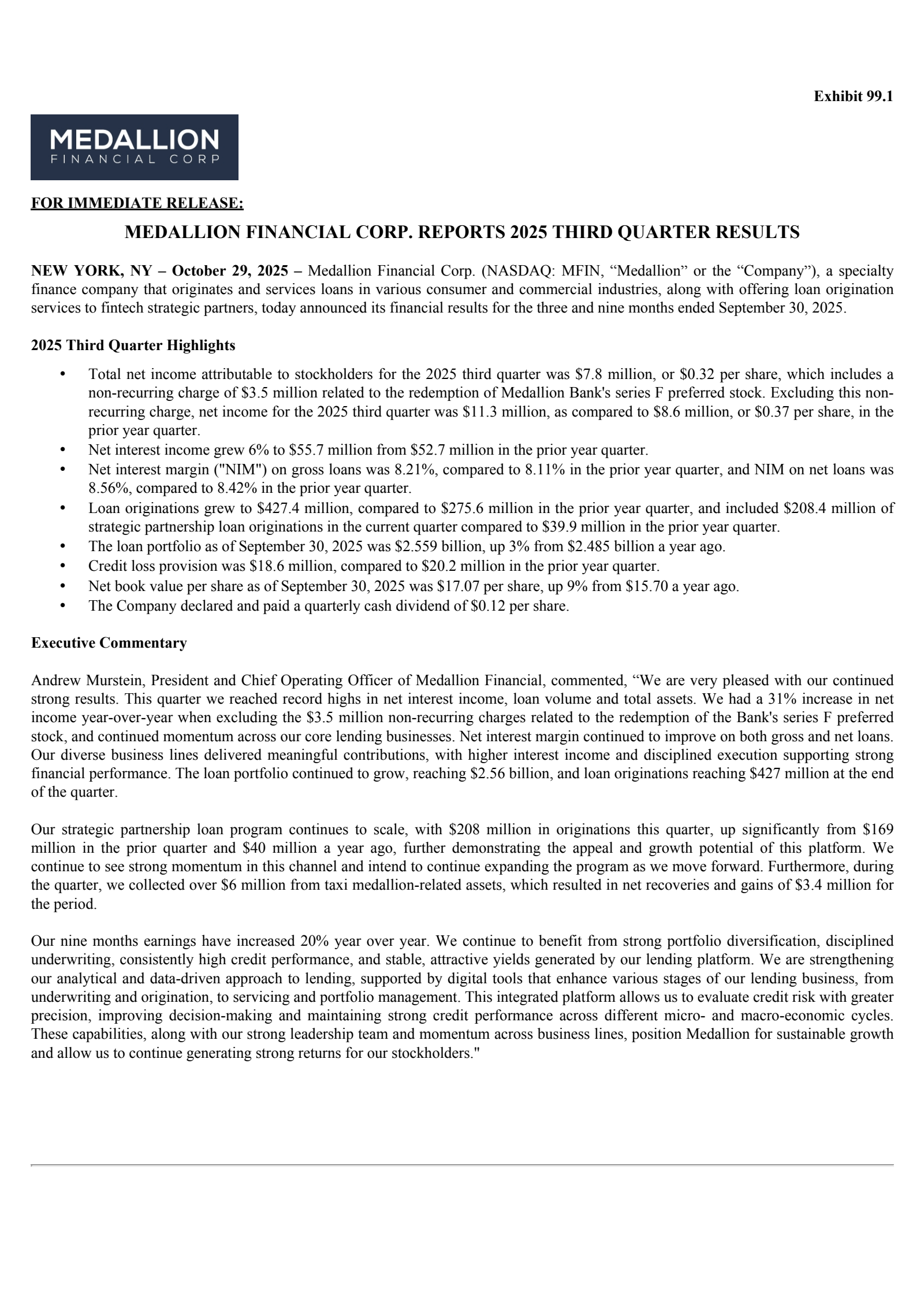 Medallion Financial's Q3 2025 Earnings Release