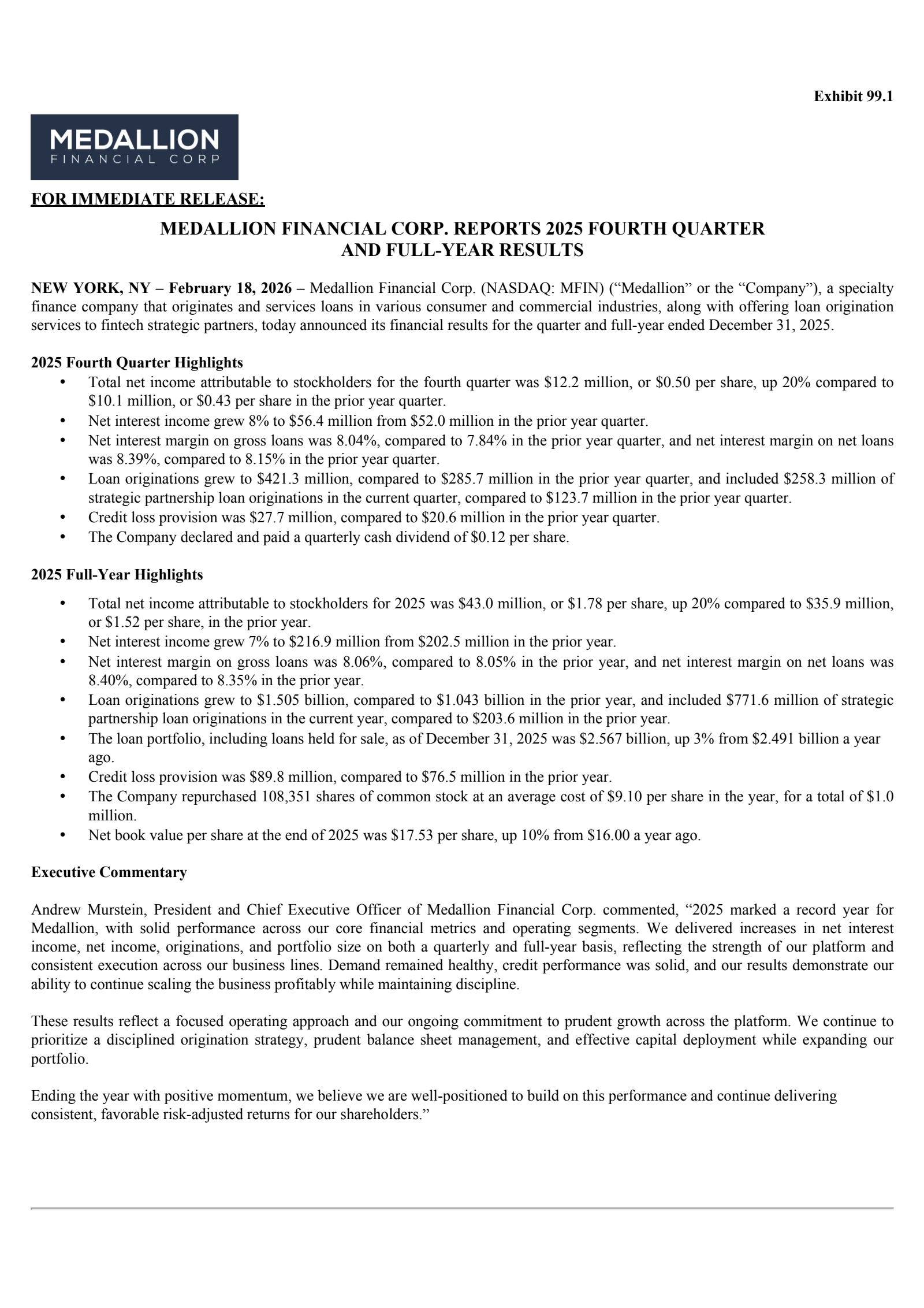 Medallion Financial's Q4 2025 Press Release