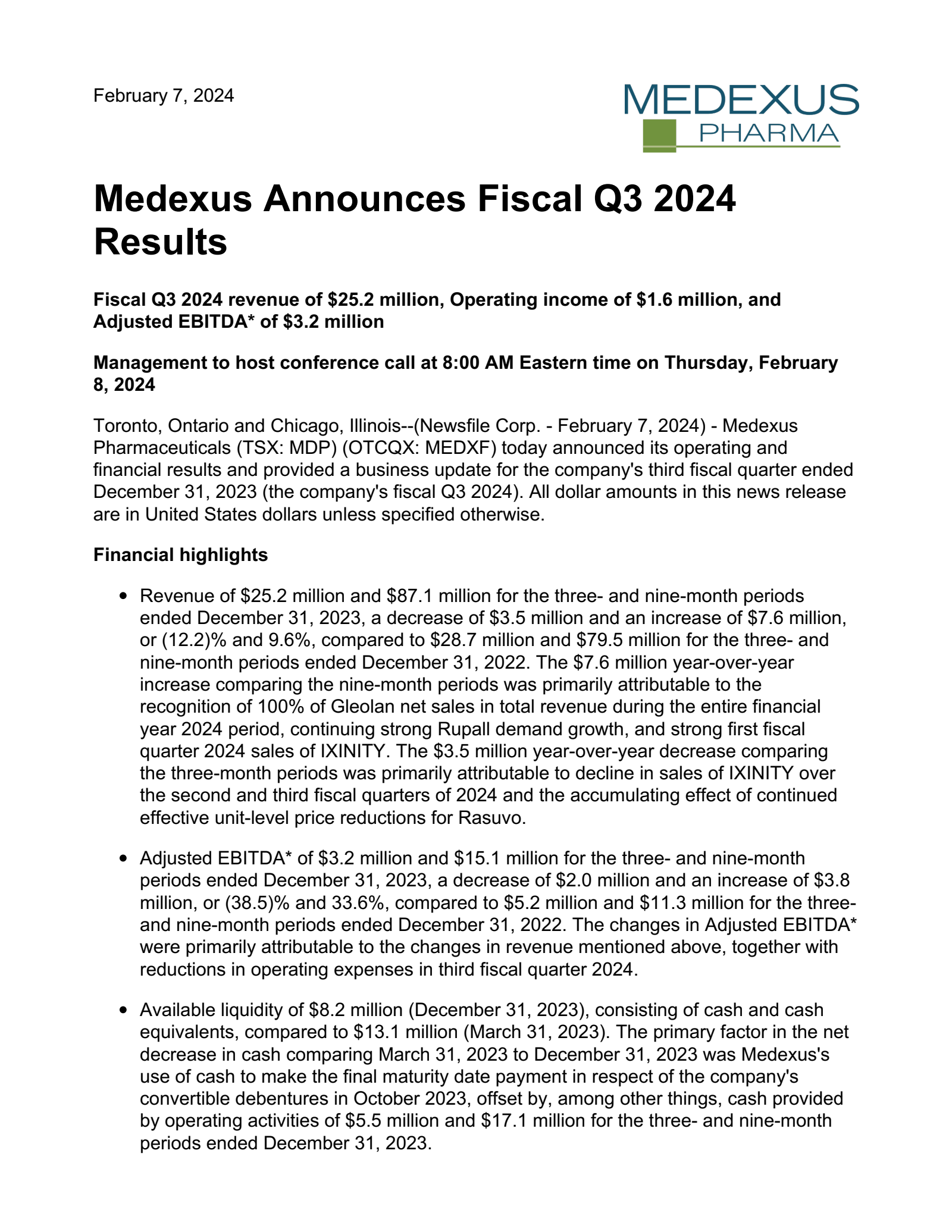 Medexus Pharmaceuticals' Q3 2024 Interim report