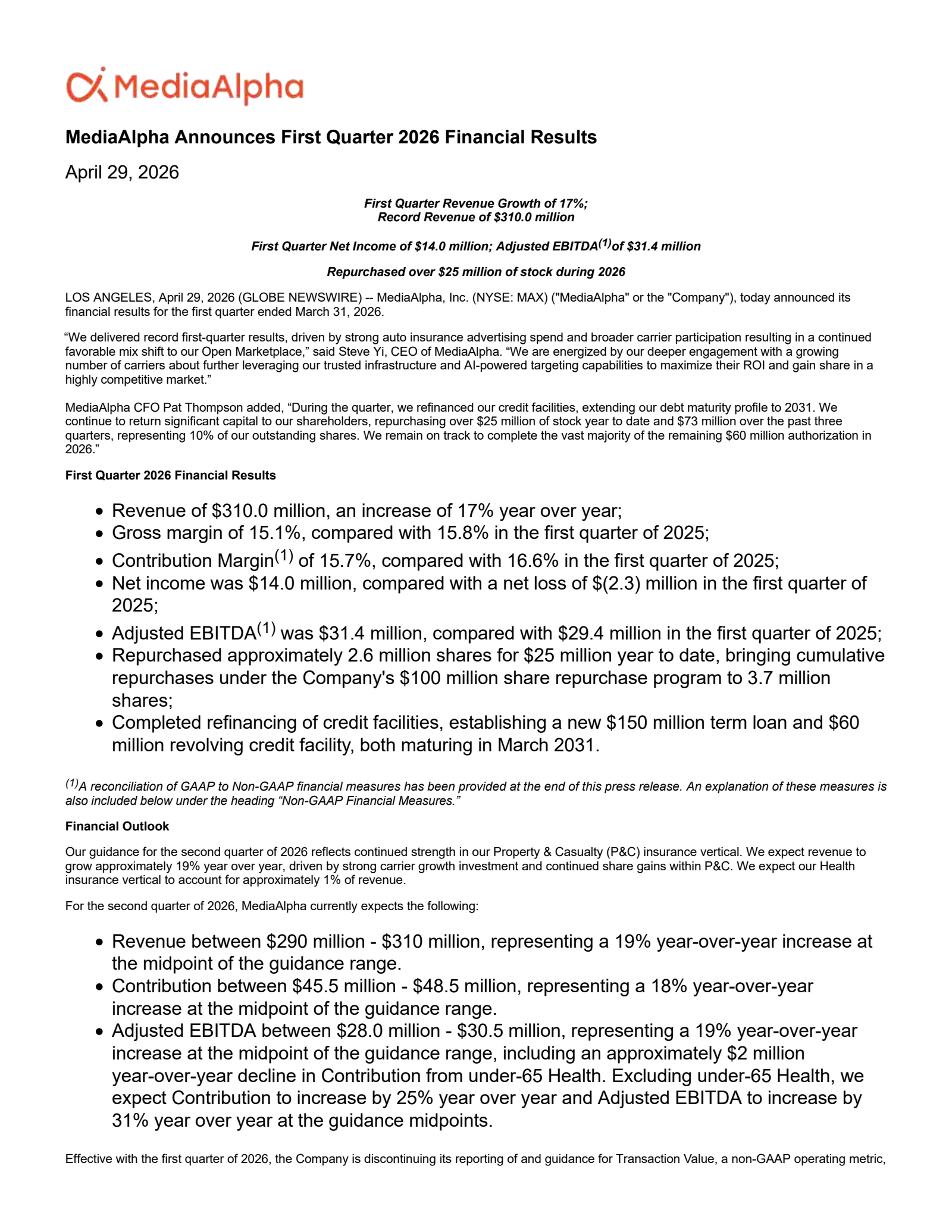 MediaAlpha's Q1 2026 Press Release