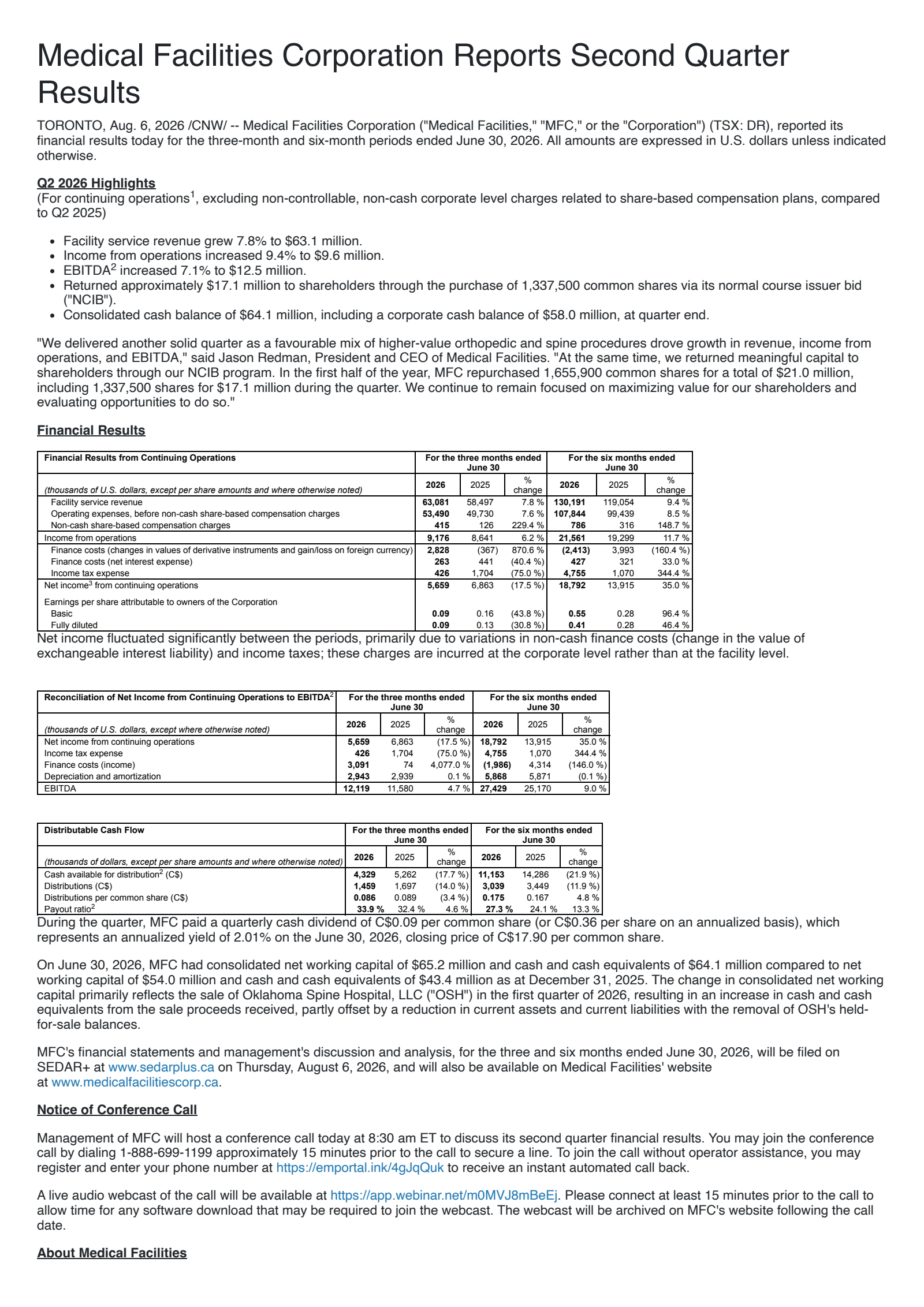 Medical Facilities' Q2 2026 Press Release
