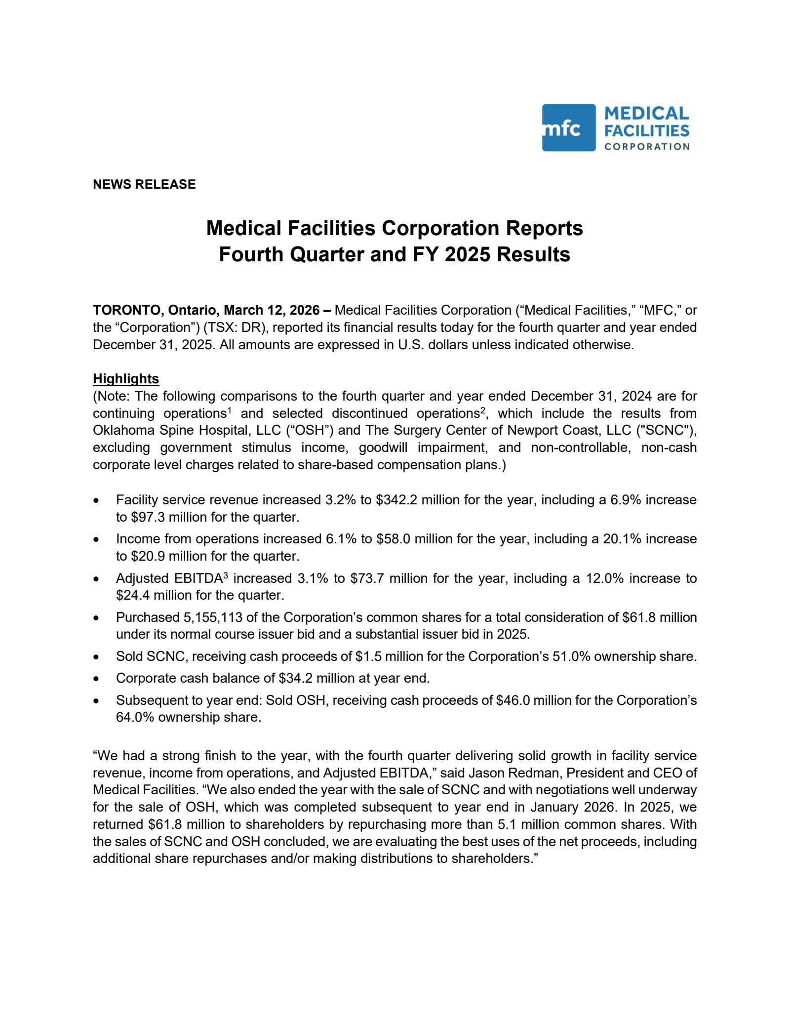 Medical Facilities' Q4 2025 Press Release