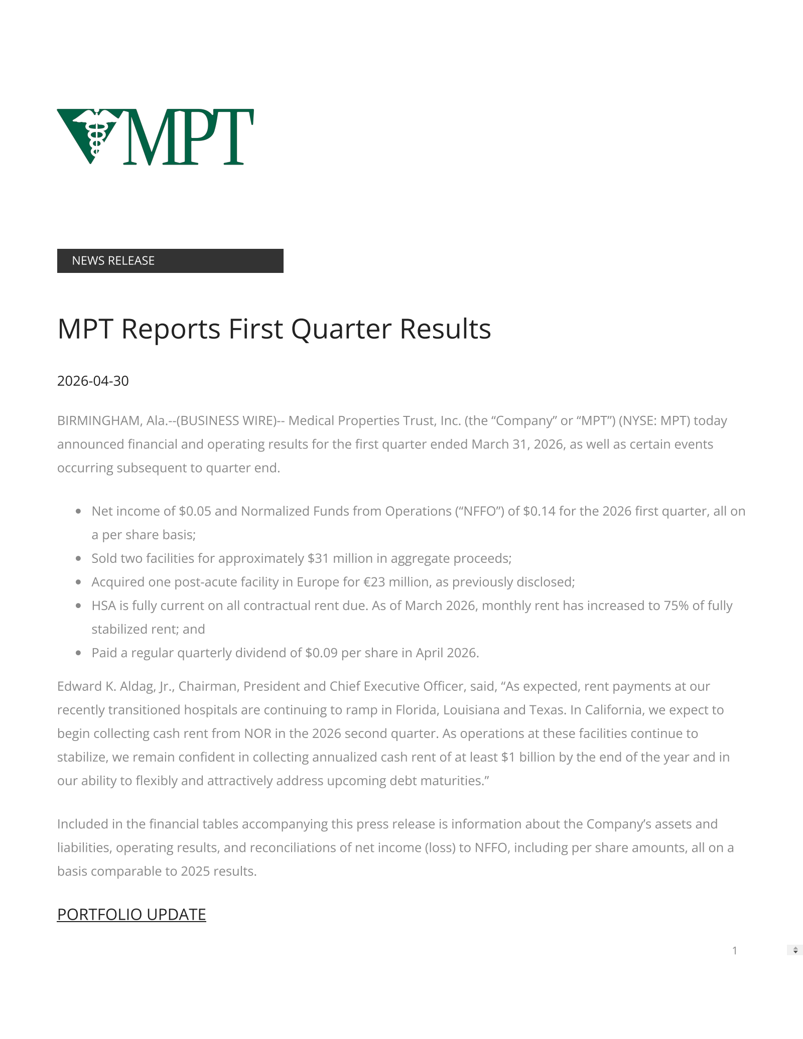 Medical Properties Trust's Q1 2026 Press Release