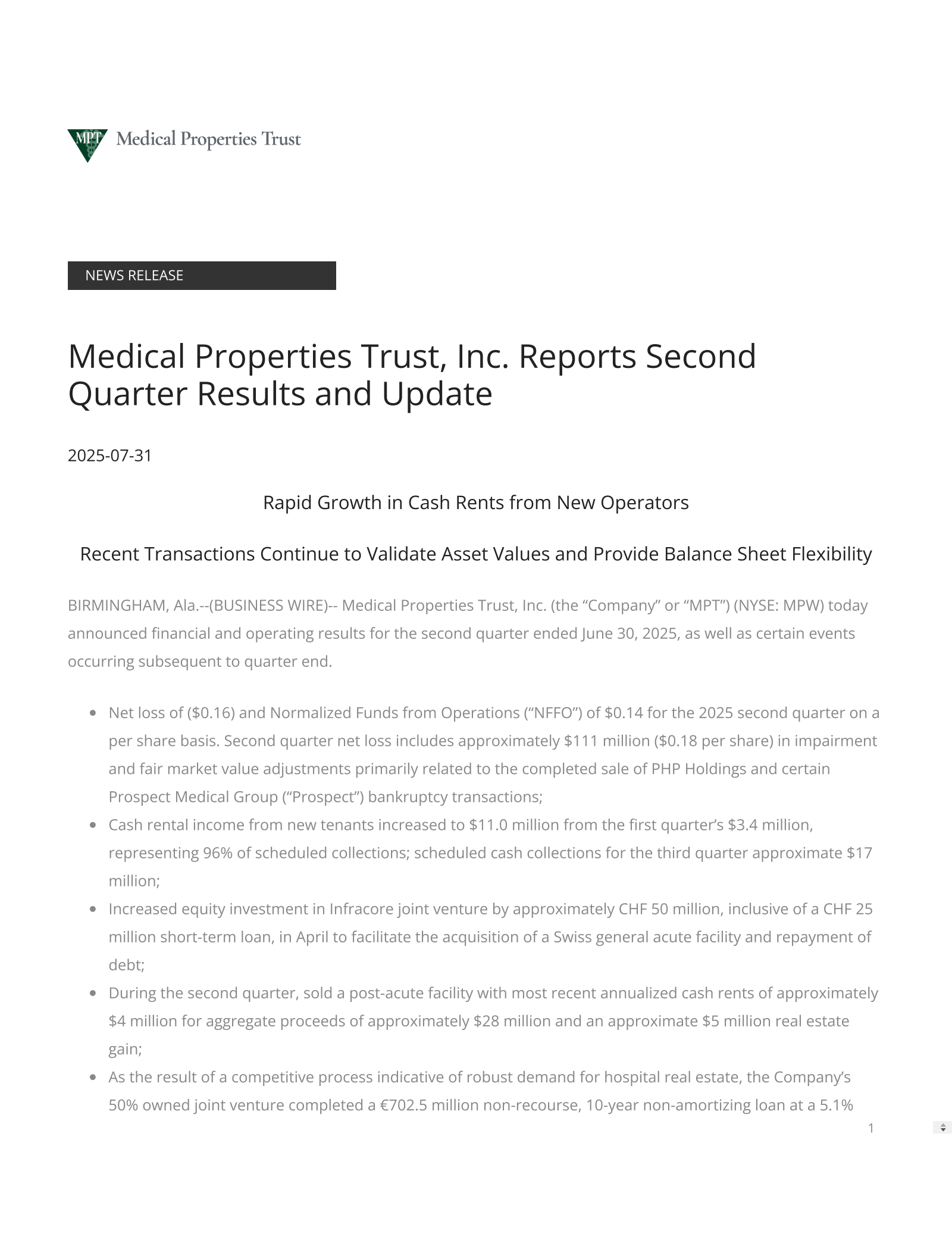Medical Properties Trust's Q2 2025 Press Release