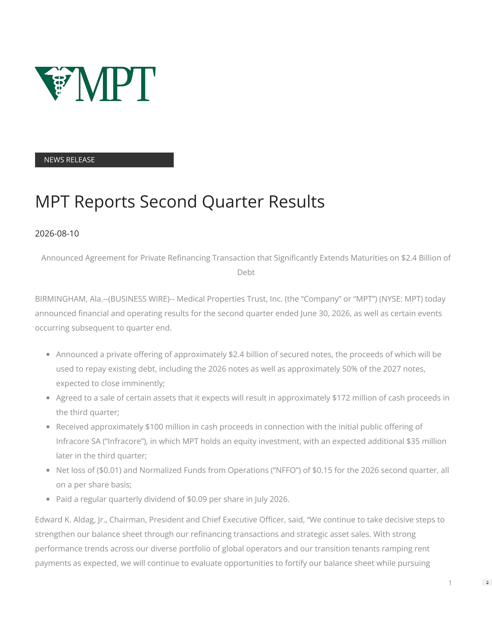 Medical Properties Trust's Q2 2026 Press Release