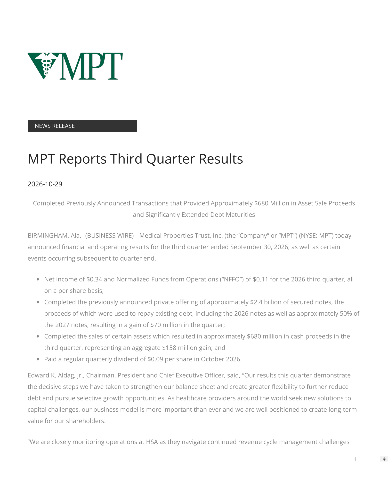 Medical Properties Trust's Q3 2026 Press Release