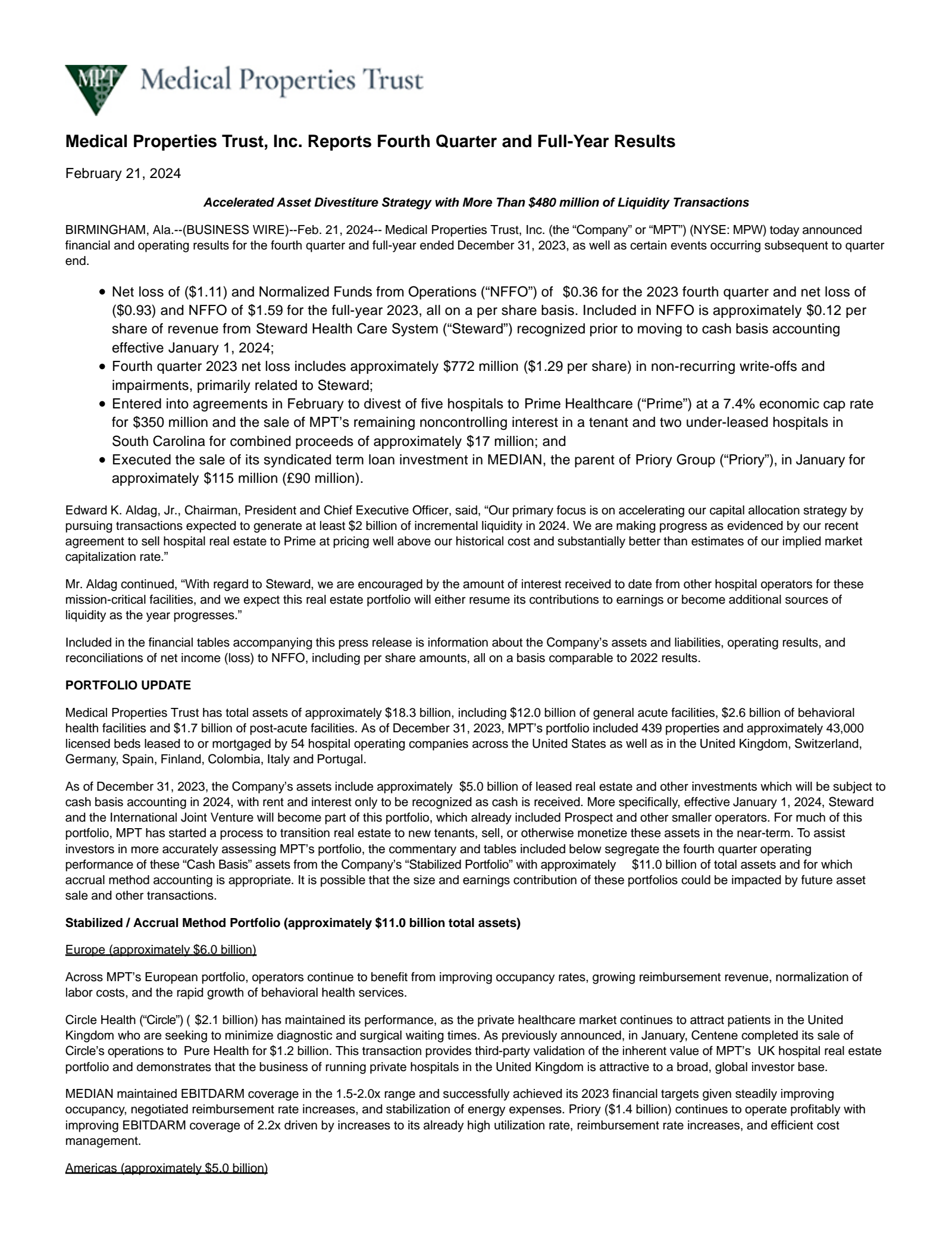 Medical Properties Trust's Q4 2023 Press Release