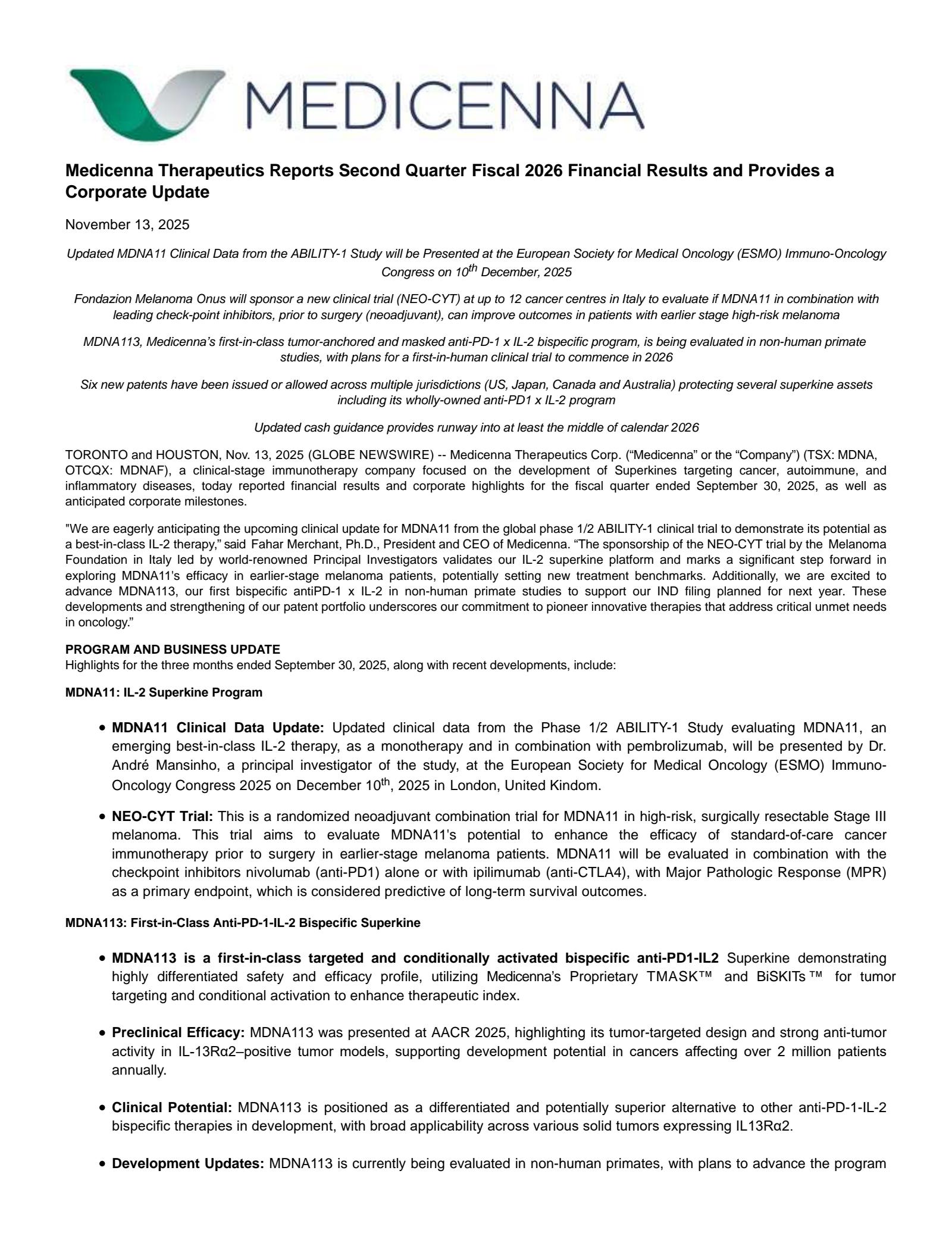 Medicenna Therapeutics' Q2 2026 Press Release