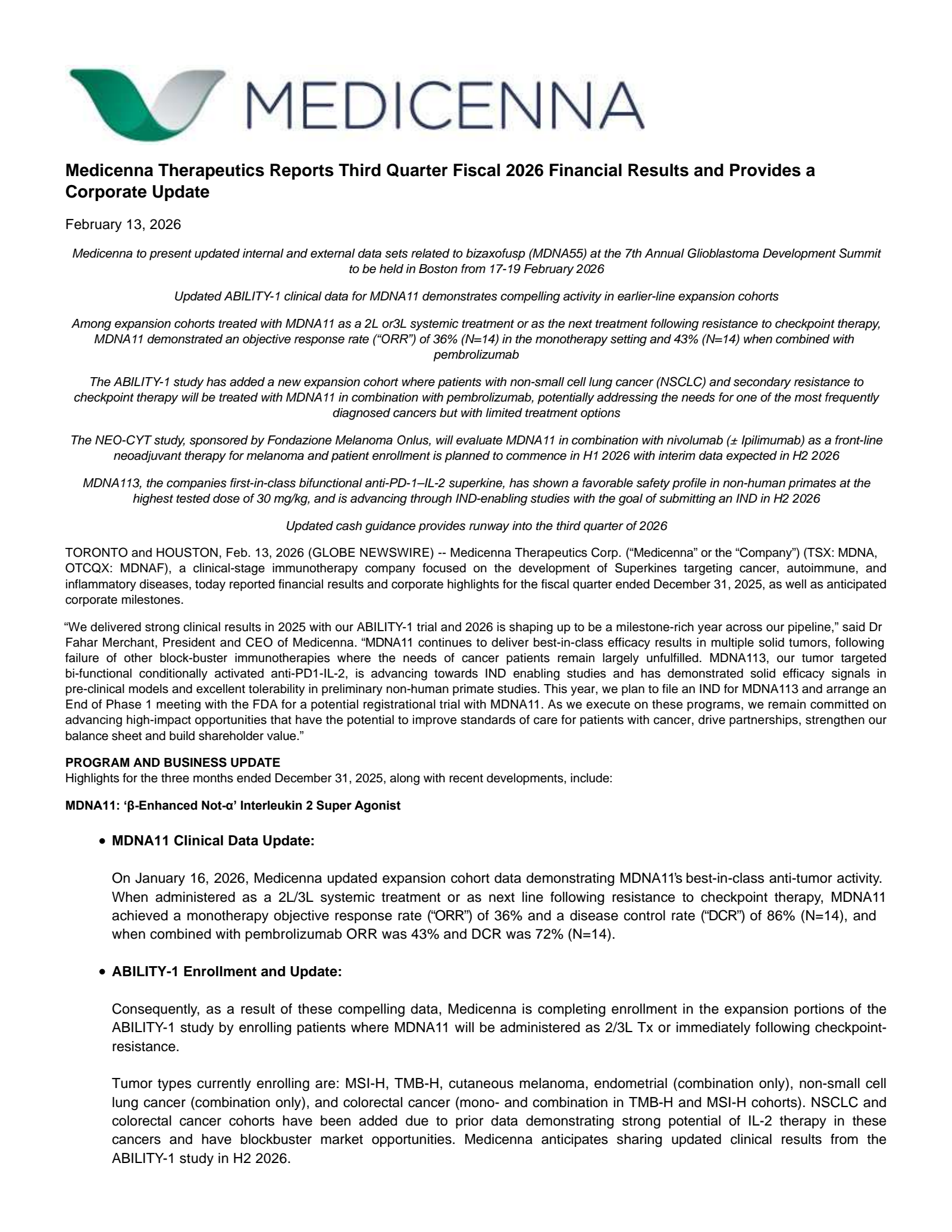 Medicenna Therapeutics' Q3 2026 Press Release