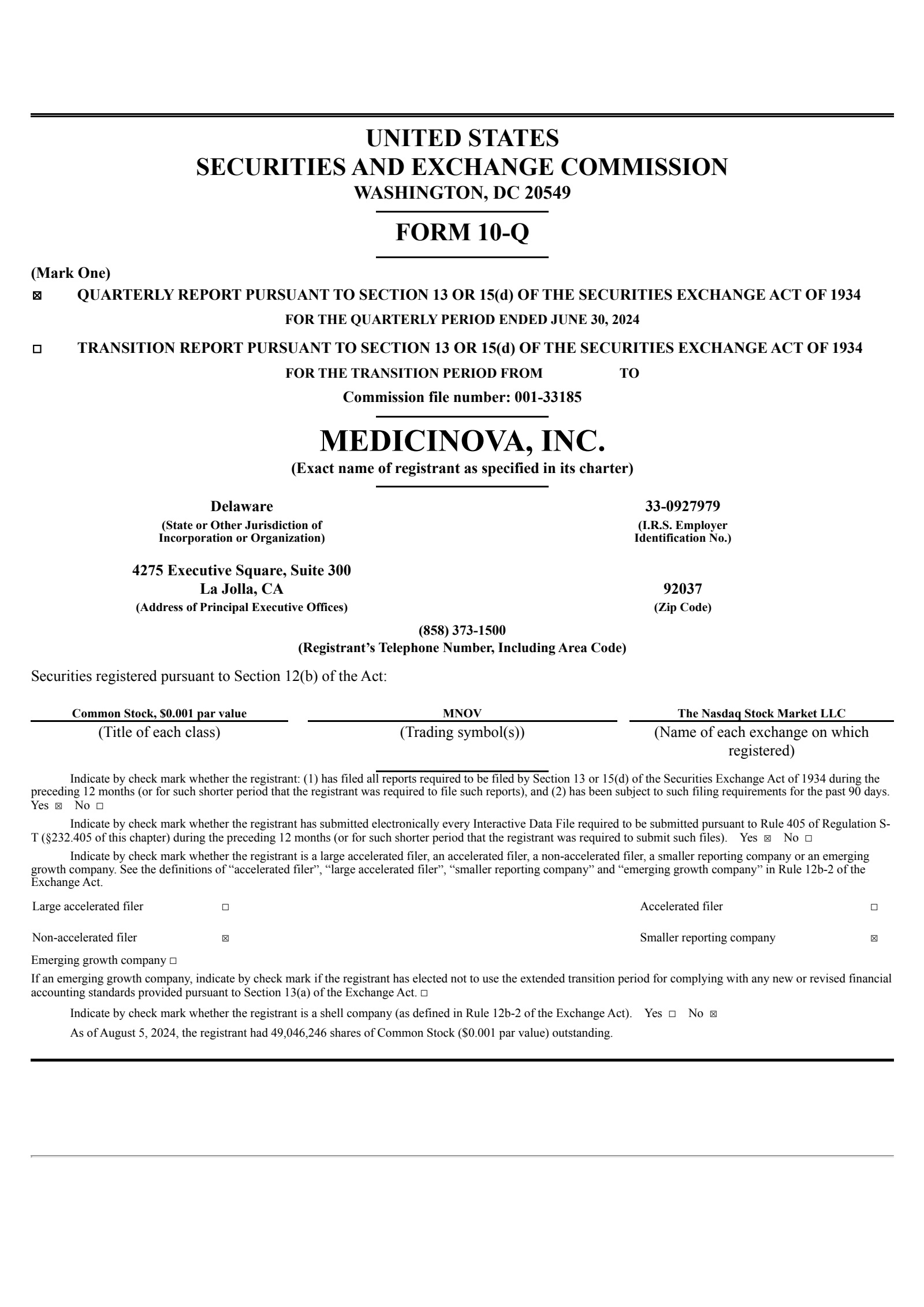 MediciNova's Q2 2024 Quarterly report