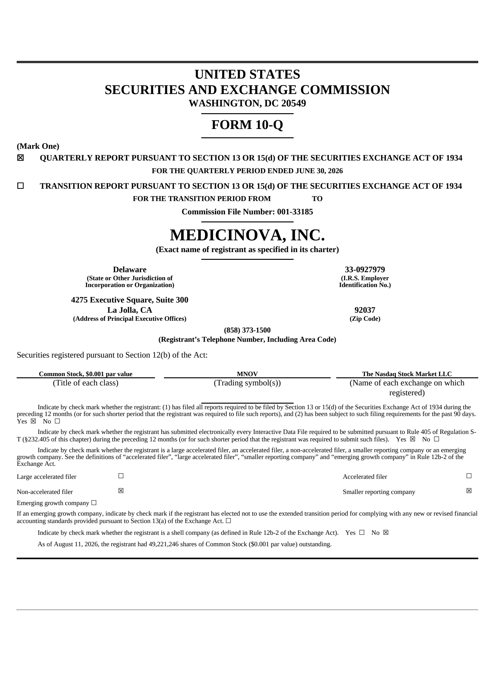 MediciNova's Q2 2026 Quarterly report