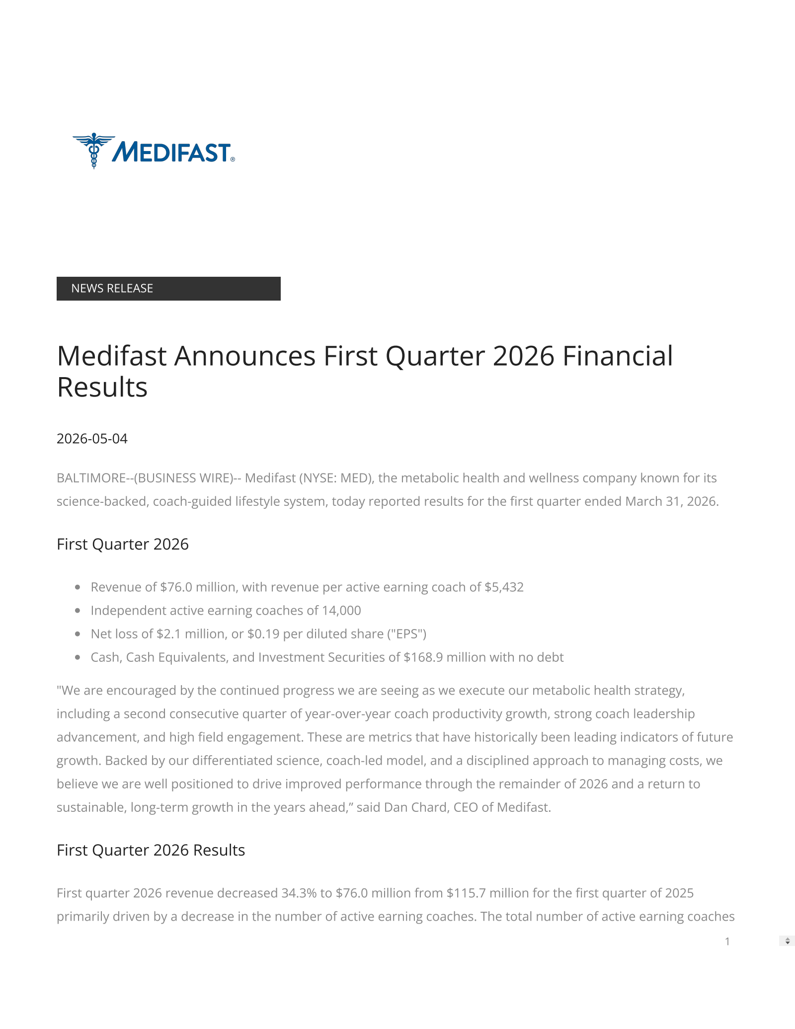 Medifast's Q1 2026 Press Release
