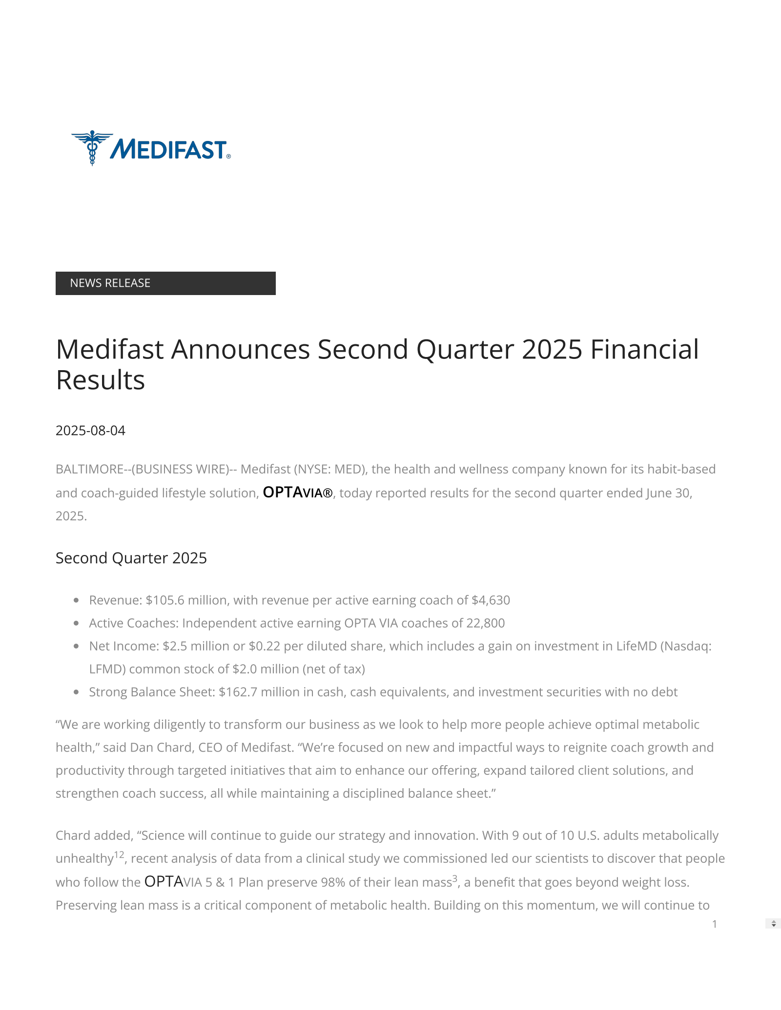 Medifast's Q2 2025 Press Release