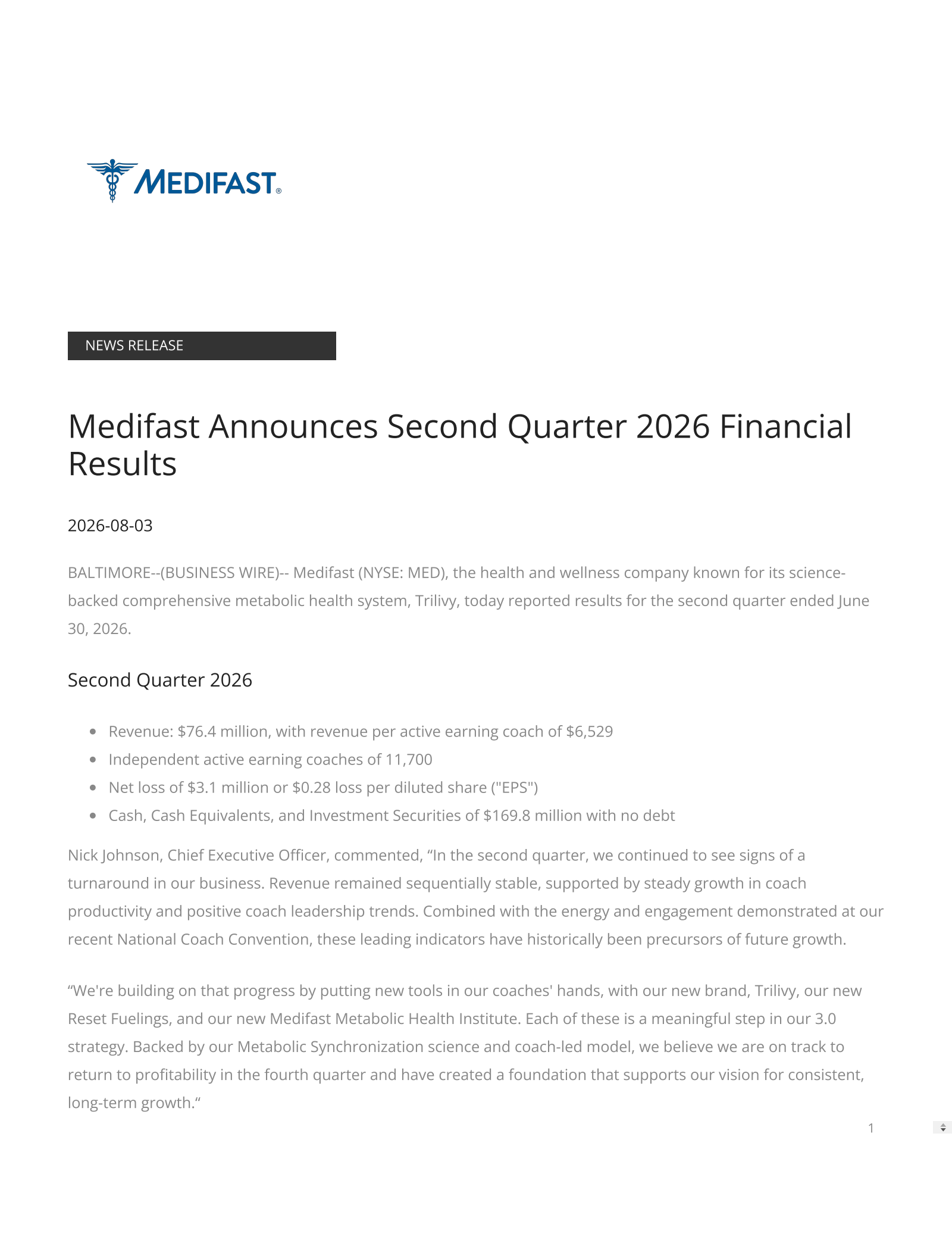 Medifast's Q2 2026 Press Release