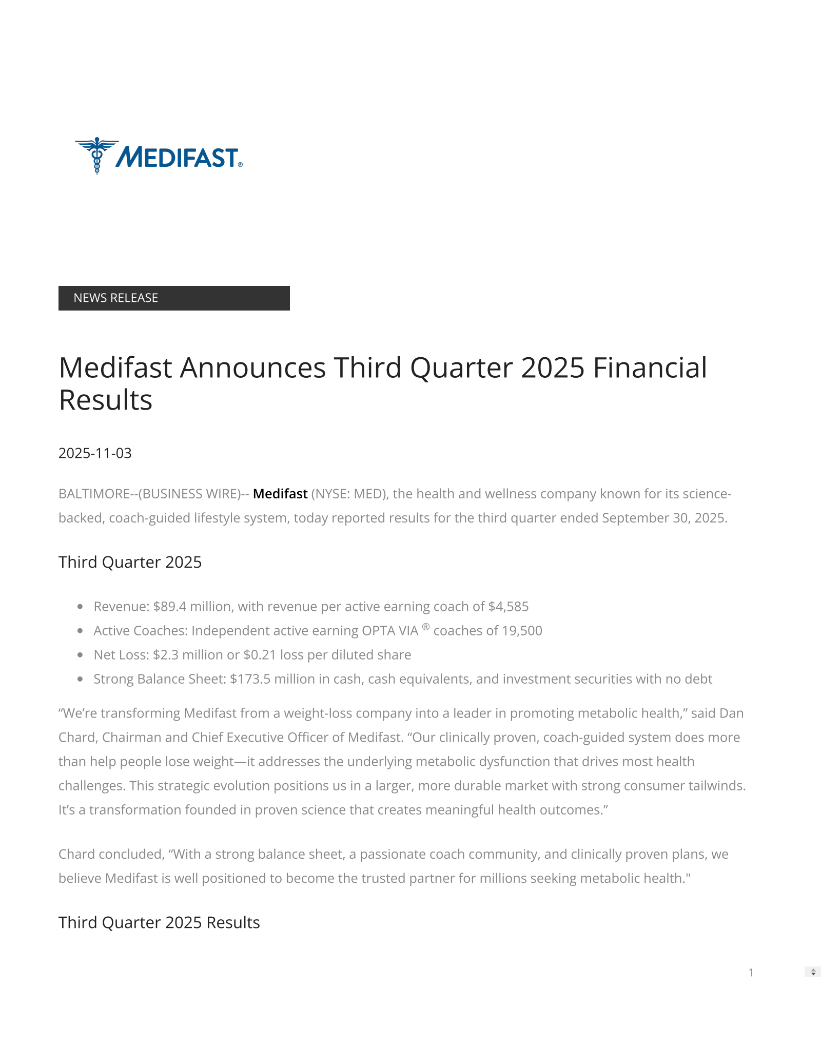 Medifast's Q3 2025 Earnings Release