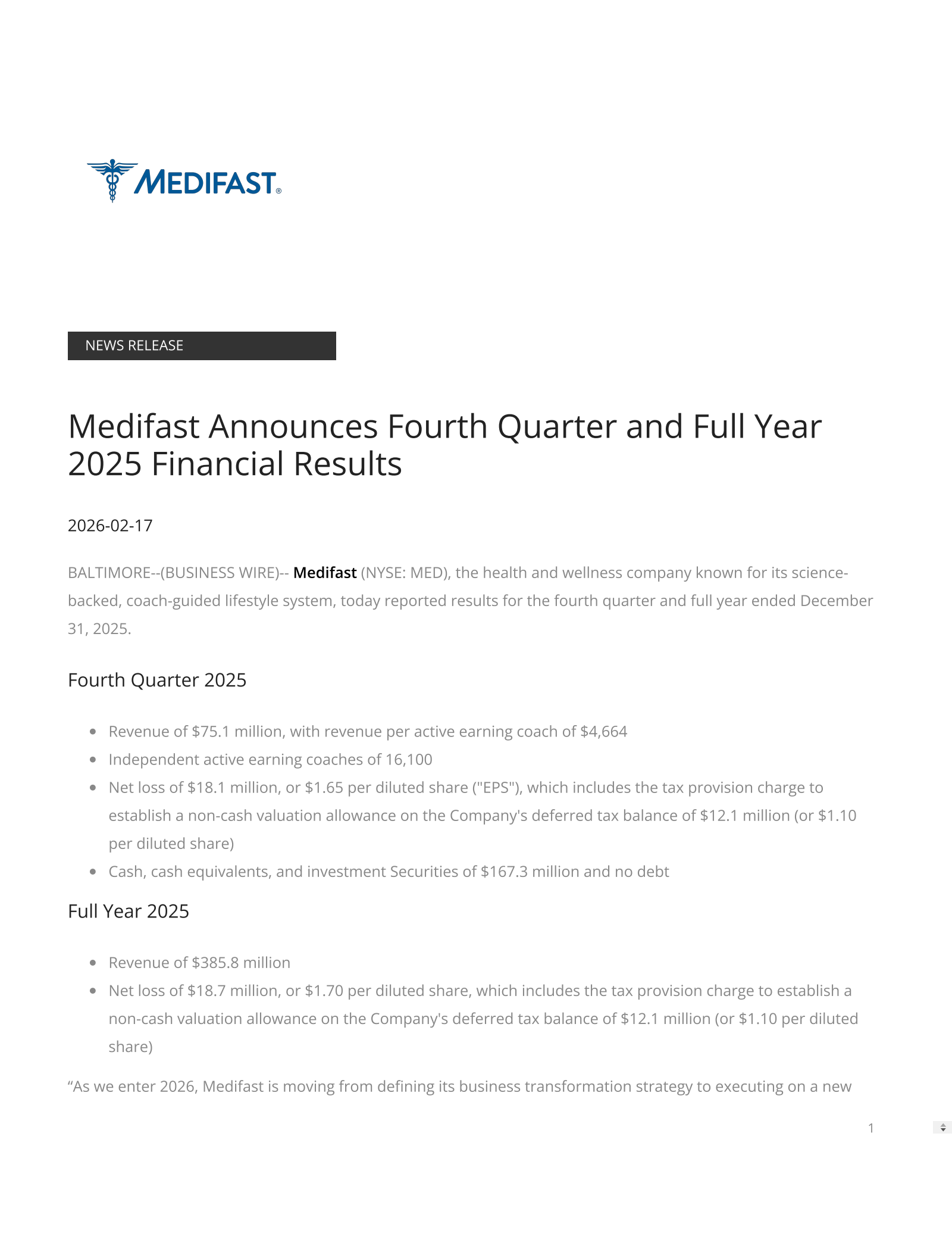 Medifast's Q4 2025 Press Release