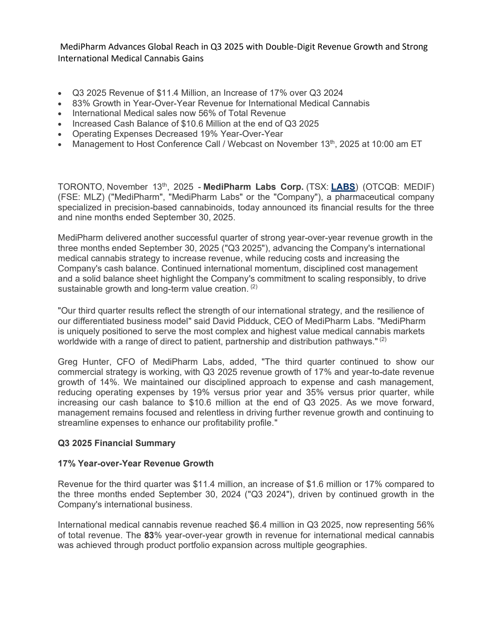 MediPharm Labs' Q3 2025 Earnings Release