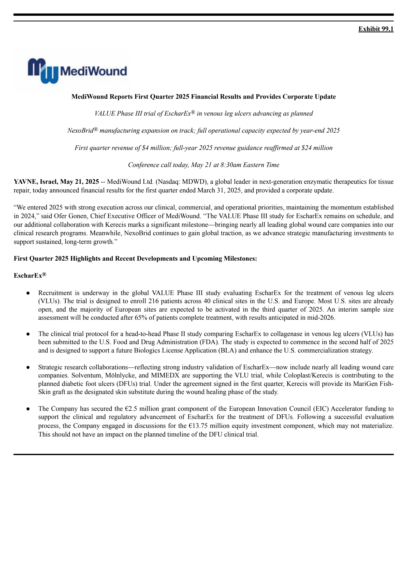 MediWound's Q1 2025 Press Release