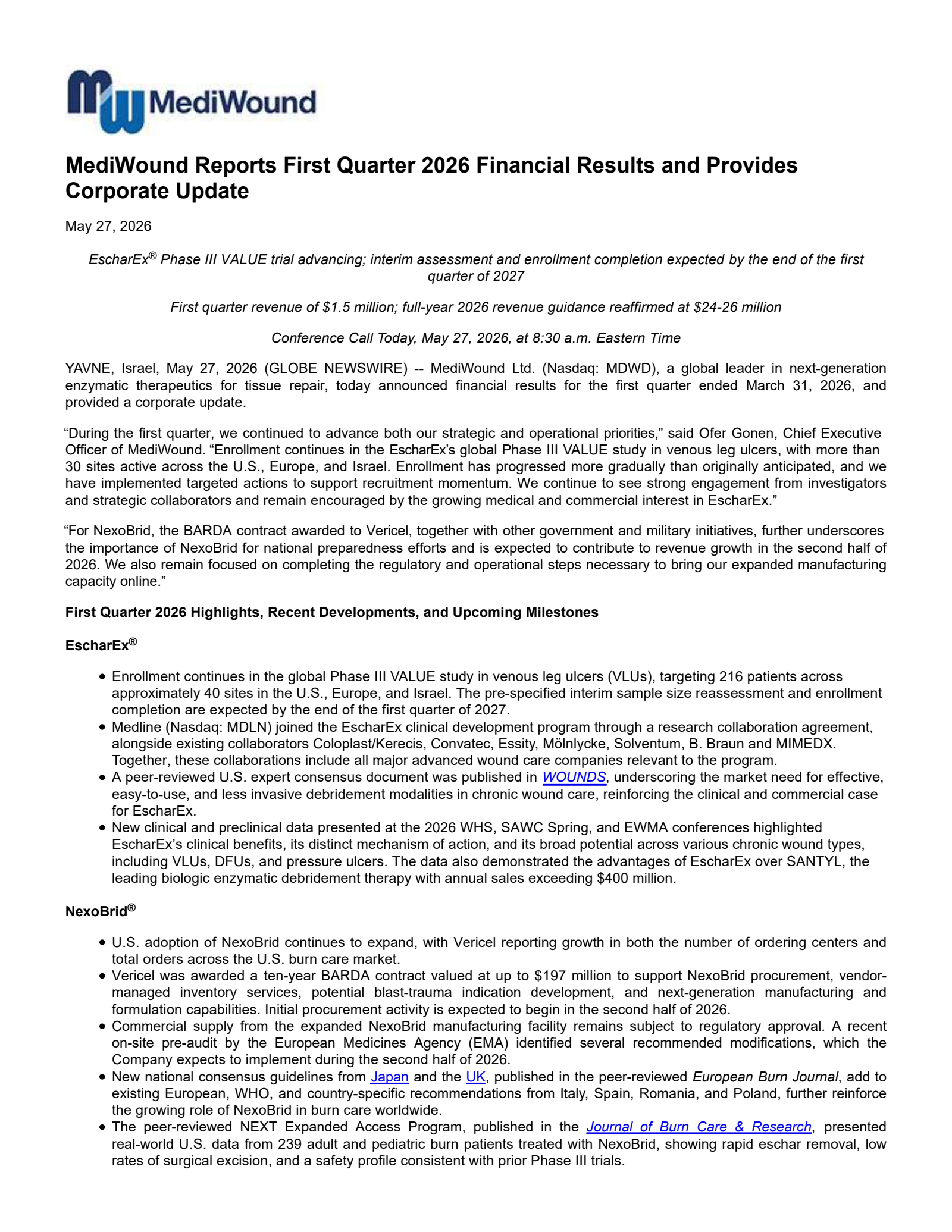 MediWound's Q1 2026 Press Release