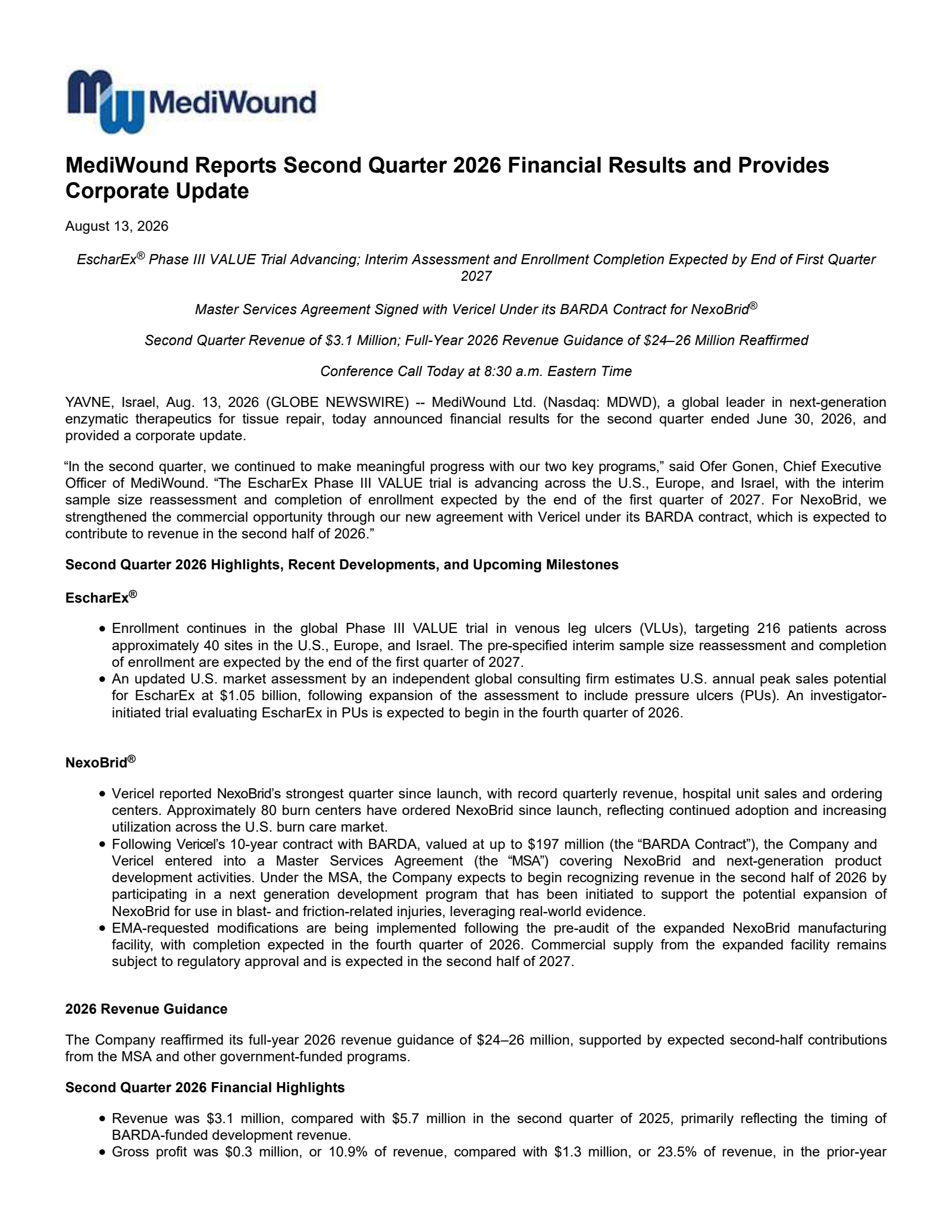 MediWound's Q2 2026 Press Release