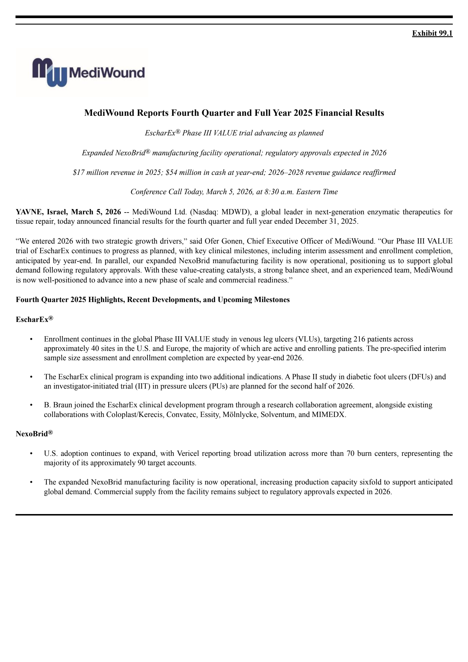 MediWound's Q4 2025 Press Release