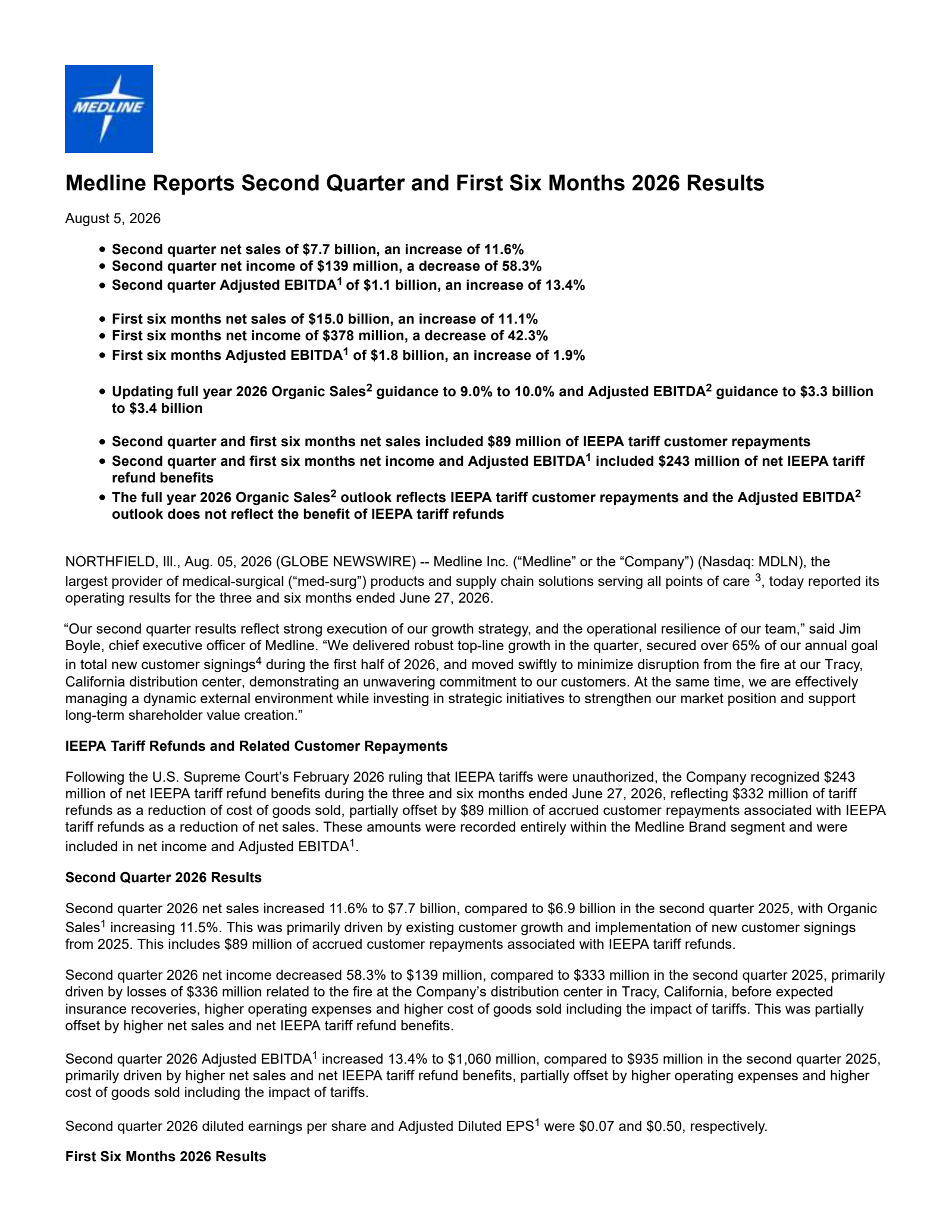 Medline's Q2 2026 Press Release