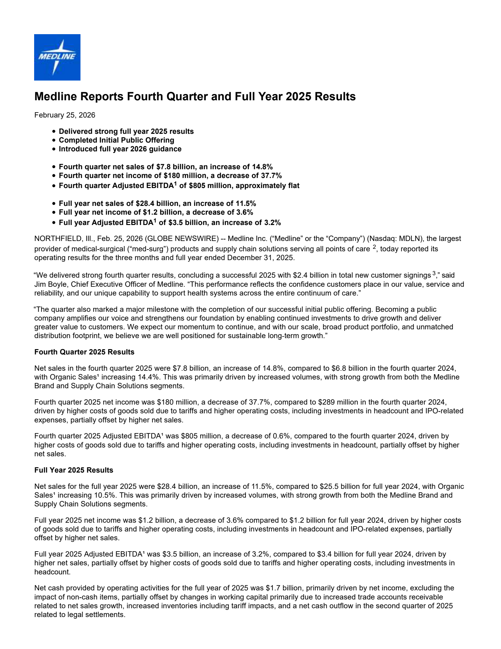 Medline's Q4 2025 Press Release