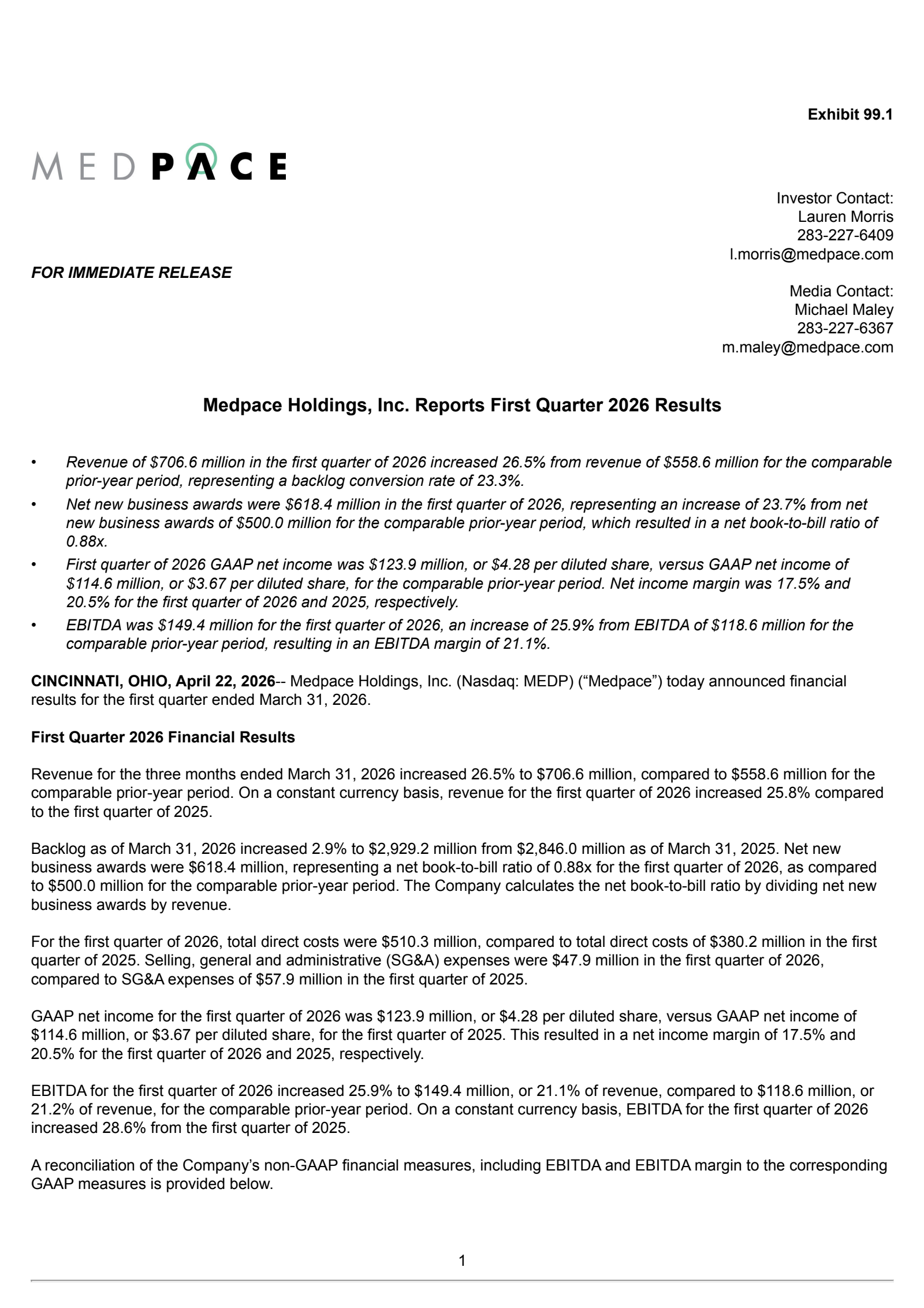 Medpace's Q1 2026 Press Release