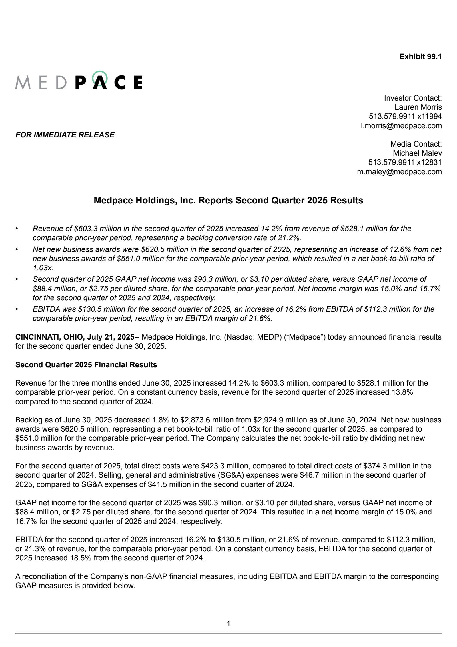Medpace's Q2 2025 Press Release