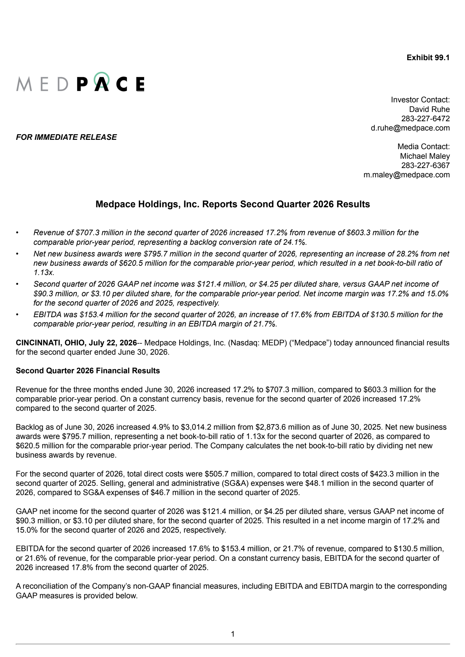 Medpace's Q2 2026 Press Release