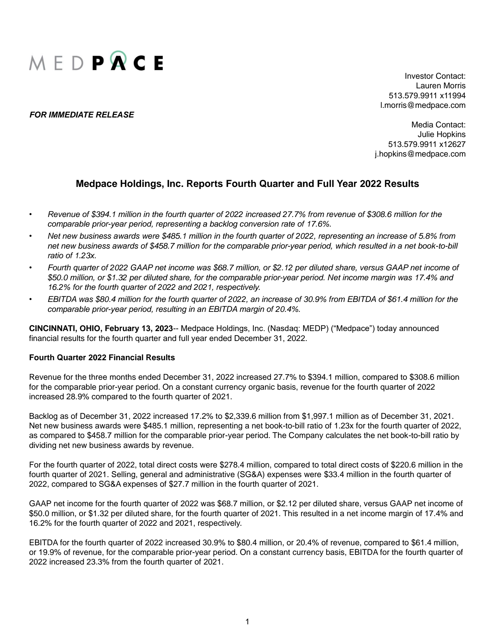 Medpace's Q4 2022 Earnings Release