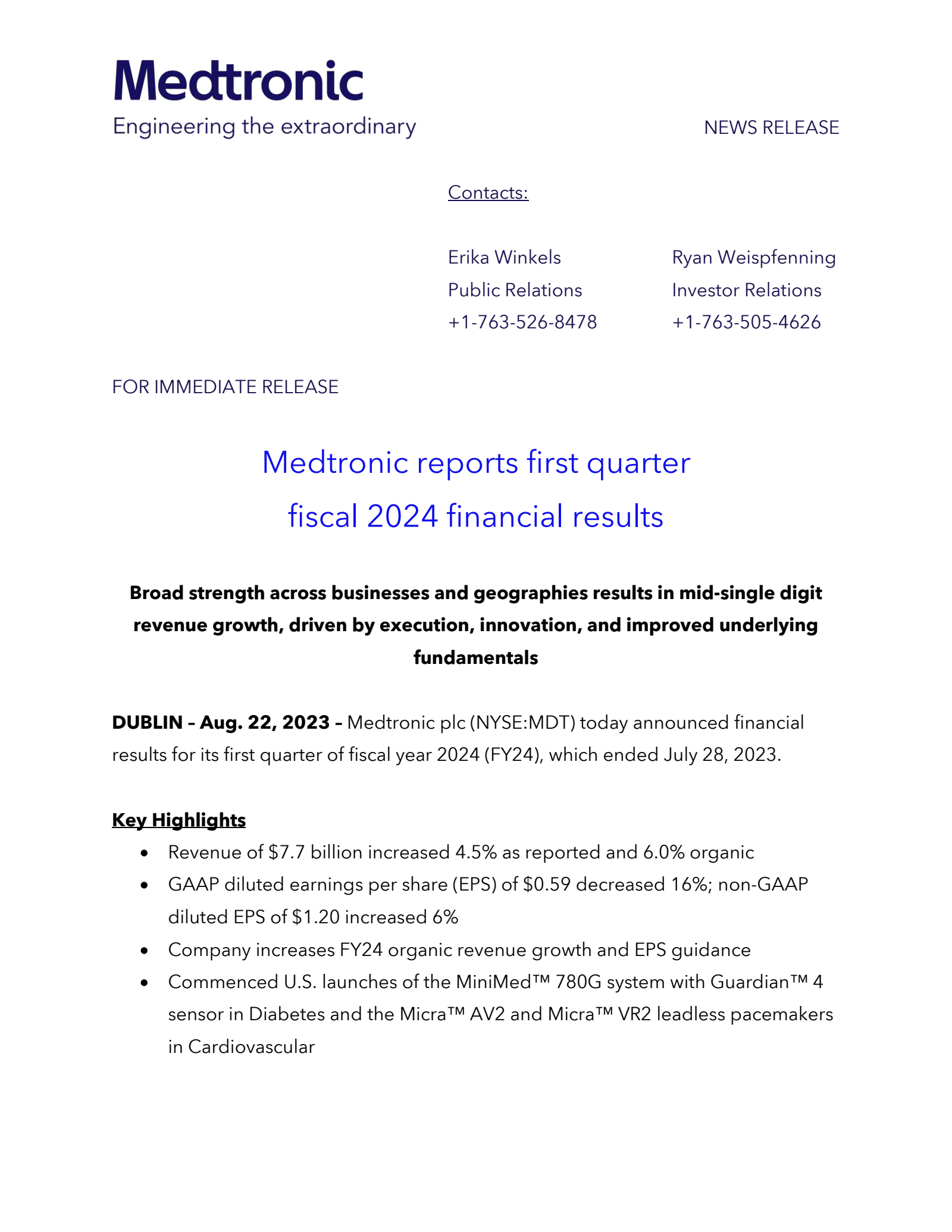 Medtronic's Q1 2024 Press Release
