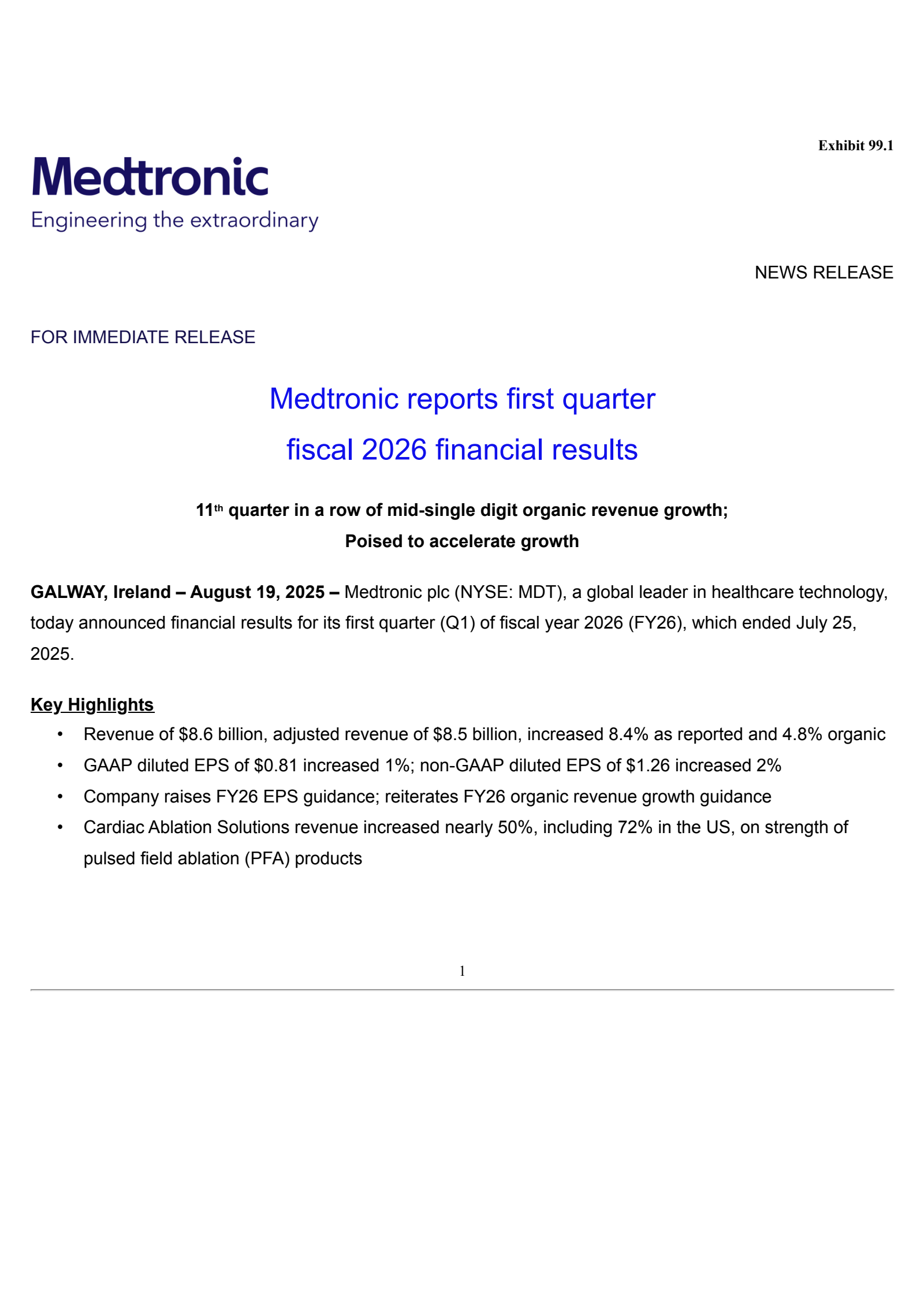 Medtronic's Q1 2026 Press Release