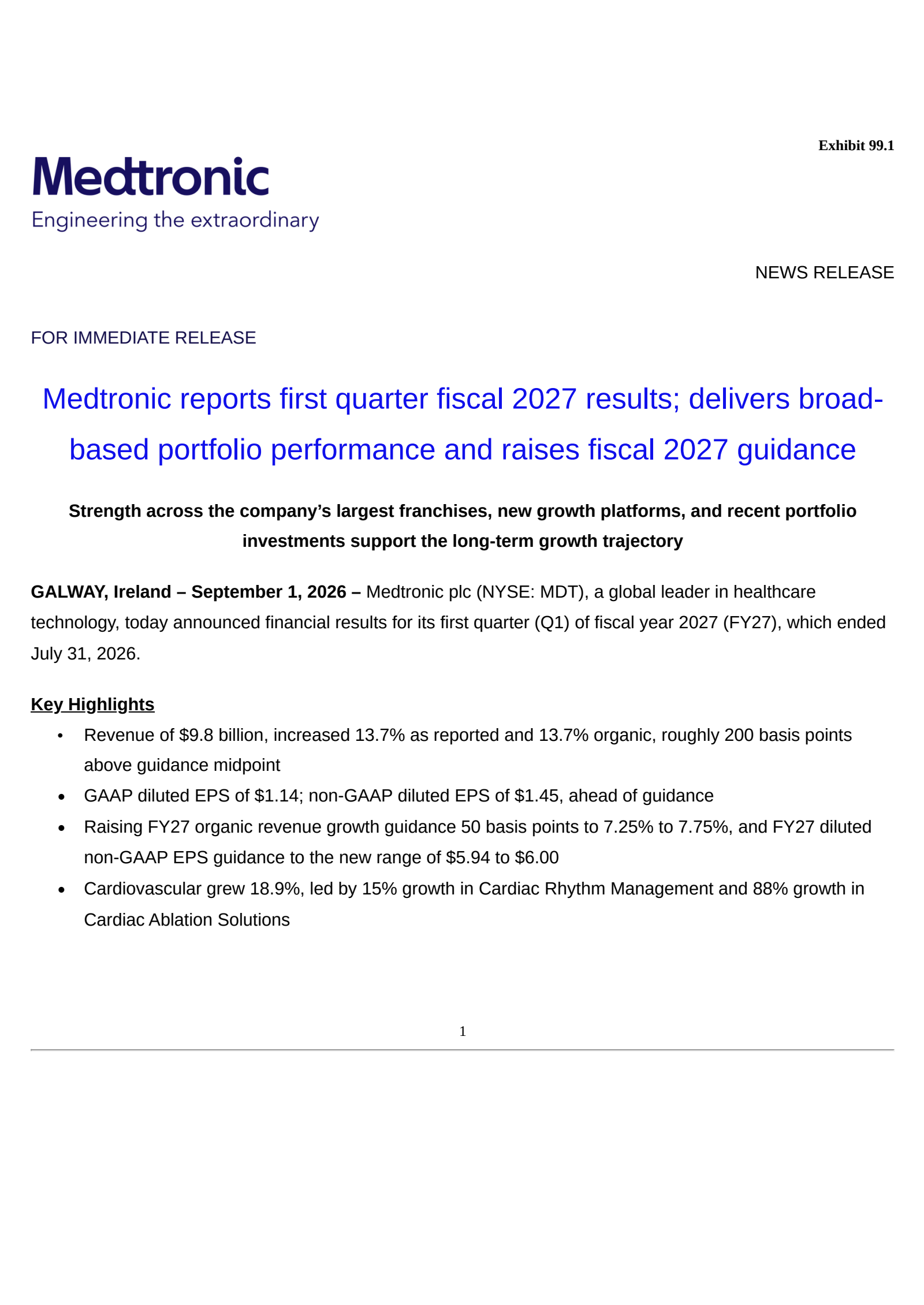 Medtronic's Q1 2027 Press Release