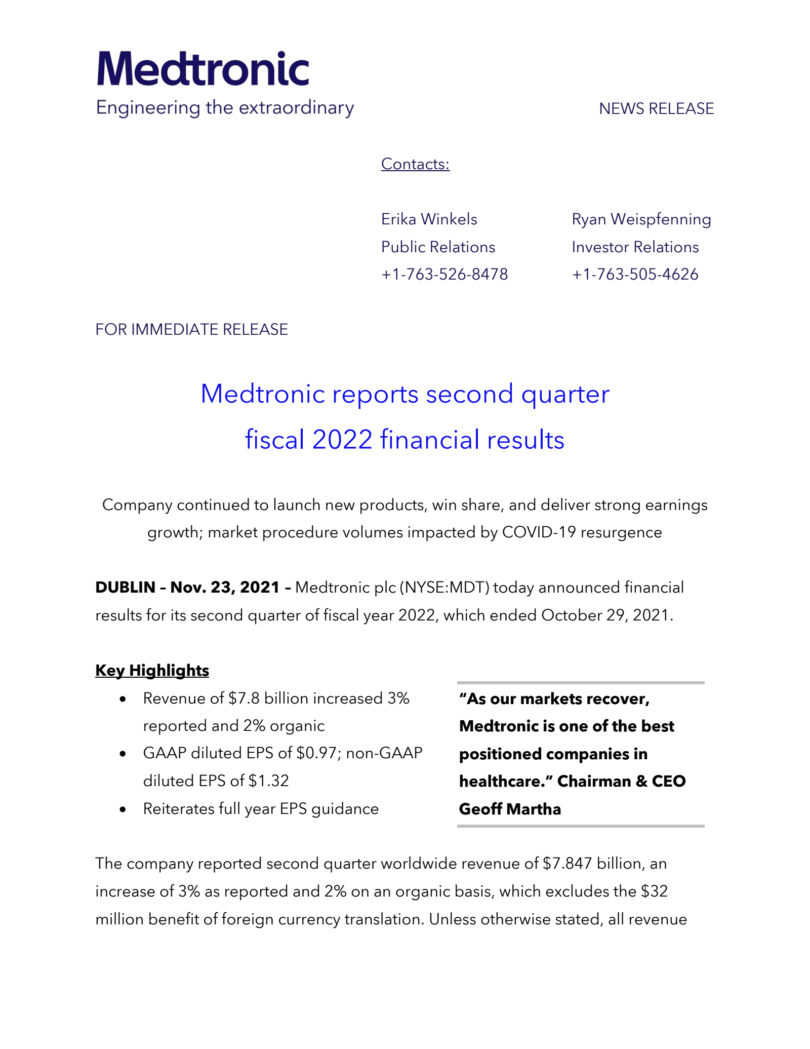 Medtronic's Q2 2022 Press Release