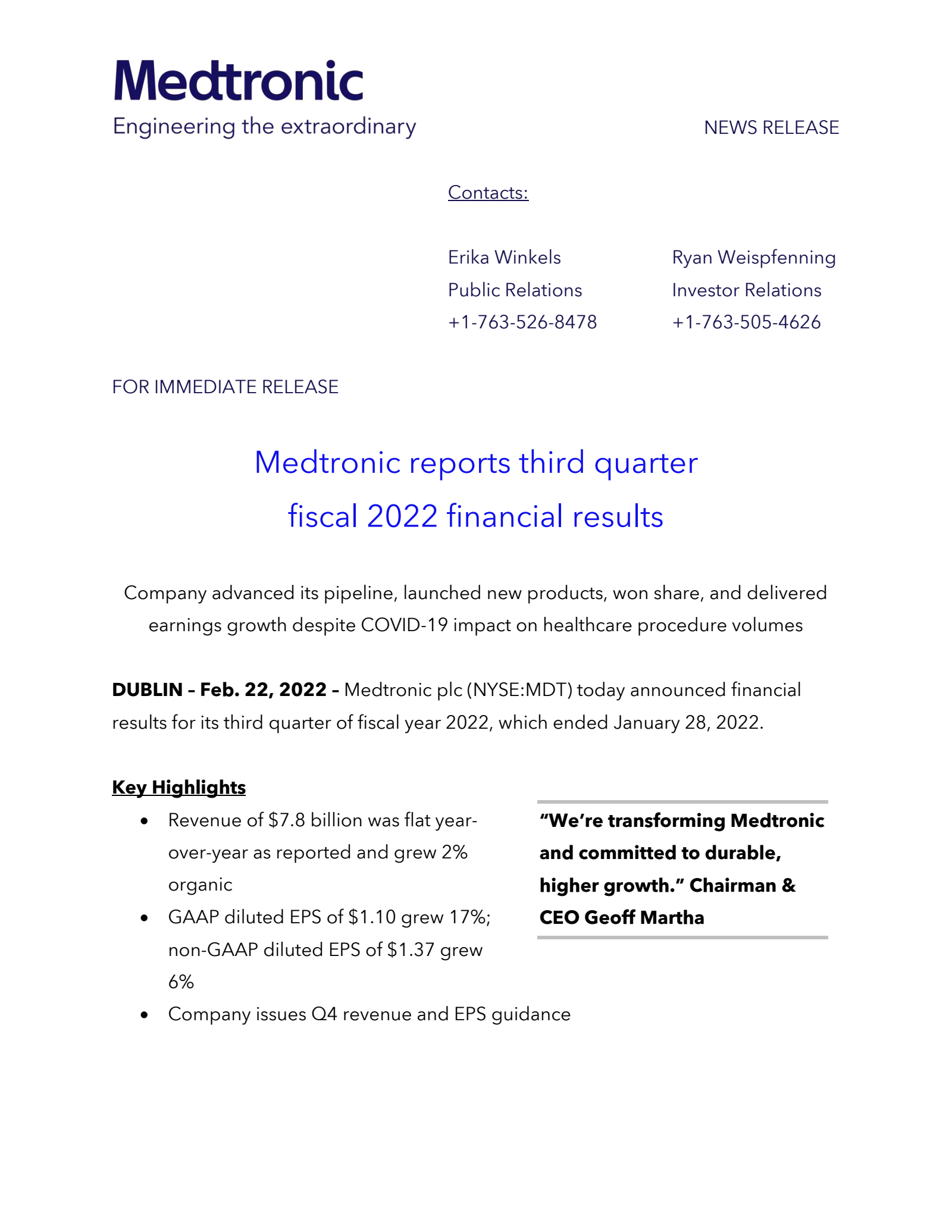 Medtronic's Q3 2022 Press Release